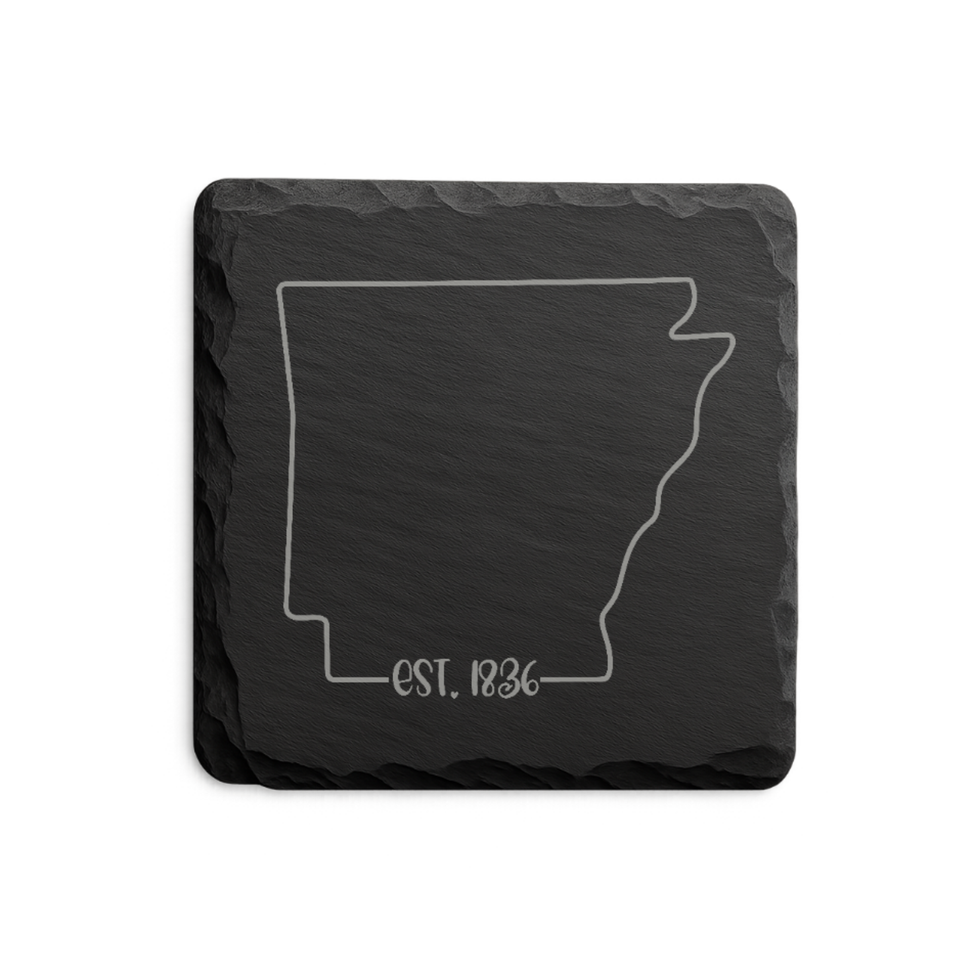 Arkansas Slate Coasters 4x4 Laser Engraved Stone Drink Coasters Arkansas Home Décor Natural State Established 1836 Gift Set — Dandelion Design Co. — SlateStudioMedia:design%3A3%3Ashape%3Asquare:4 — 0096-ASGN_arkansas_slate_coasters_4x4_laser_engraved_stone_drink_coasters_arkansas_home_d_cor_natural_state_established_1836_gift_set_17_D03_square_main.png