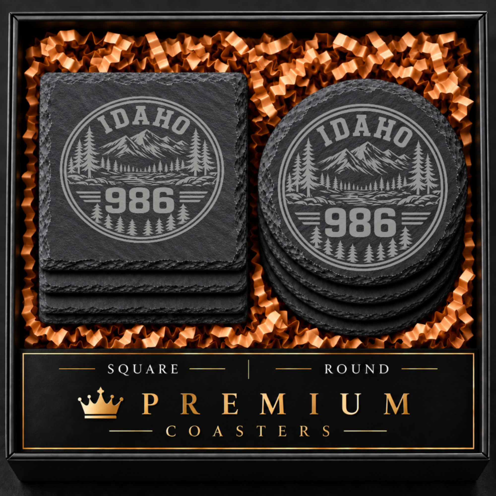 Idaho Area Code Slate Coasters | 208 & 986 Rustic Idaho Gifts | Engraved Mountain Cabin Stone Coasters — Dandelion Design Co. — SlateStudioMedia:hero:1 — 0098-IAGN_idaho_area_code_slate_coasters_208_986_rustic_idaho_gifts_engraved_mountain_cabin_stone_coasters_01_square_round_gift_hero.png