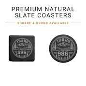 Idaho Area Code Slate Coasters | 208 & 986 Rustic Idaho Gifts | Engraved Mountain Cabin Stone Coasters — Dandelion Design Co. — SlateStudioMedia:gallery:16 — 0098-IAGN_idaho_area_code_slate_coasters_208_986_rustic_idaho_gifts_engraved_mountain_cabin_stone_coasters_02_square_round_available.png