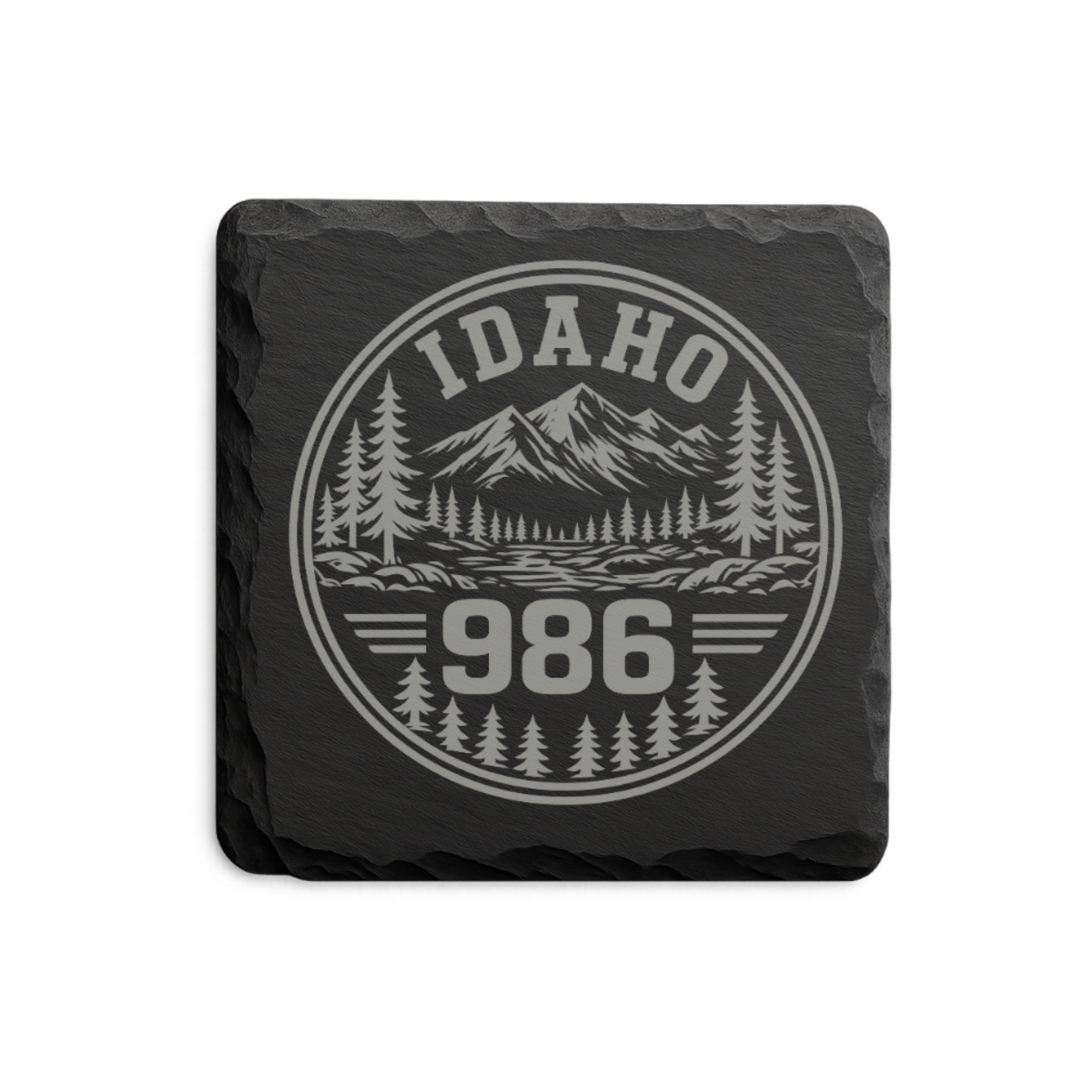 Idaho Area Code Slate Coasters | 208 & 986 Rustic Idaho Gifts | Engraved Mountain Cabin Stone Coasters — Dandelion Design Co. — SlateStudioMedia:design%3A1%3Ashape%3Asquare:2 — 0098-IAGN_idaho_area_code_slate_coasters_208_986_rustic_idaho_gifts_engraved_mountain_cabin_stone_coasters_03_square_main.png