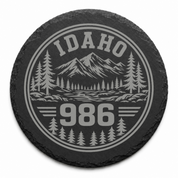 Idaho Area Code Slate Coasters | 208 & 986 Rustic Idaho Gifts | Engraved Mountain Cabin Stone Coasters — Dandelion Design Co. — SlateStudioMedia:design%3A1%3Ashape%3Around:4 — 0098-IAGN_idaho_area_code_slate_coasters_208_986_rustic_idaho_gifts_engraved_mountain_cabin_stone_coasters_04_round_main.png