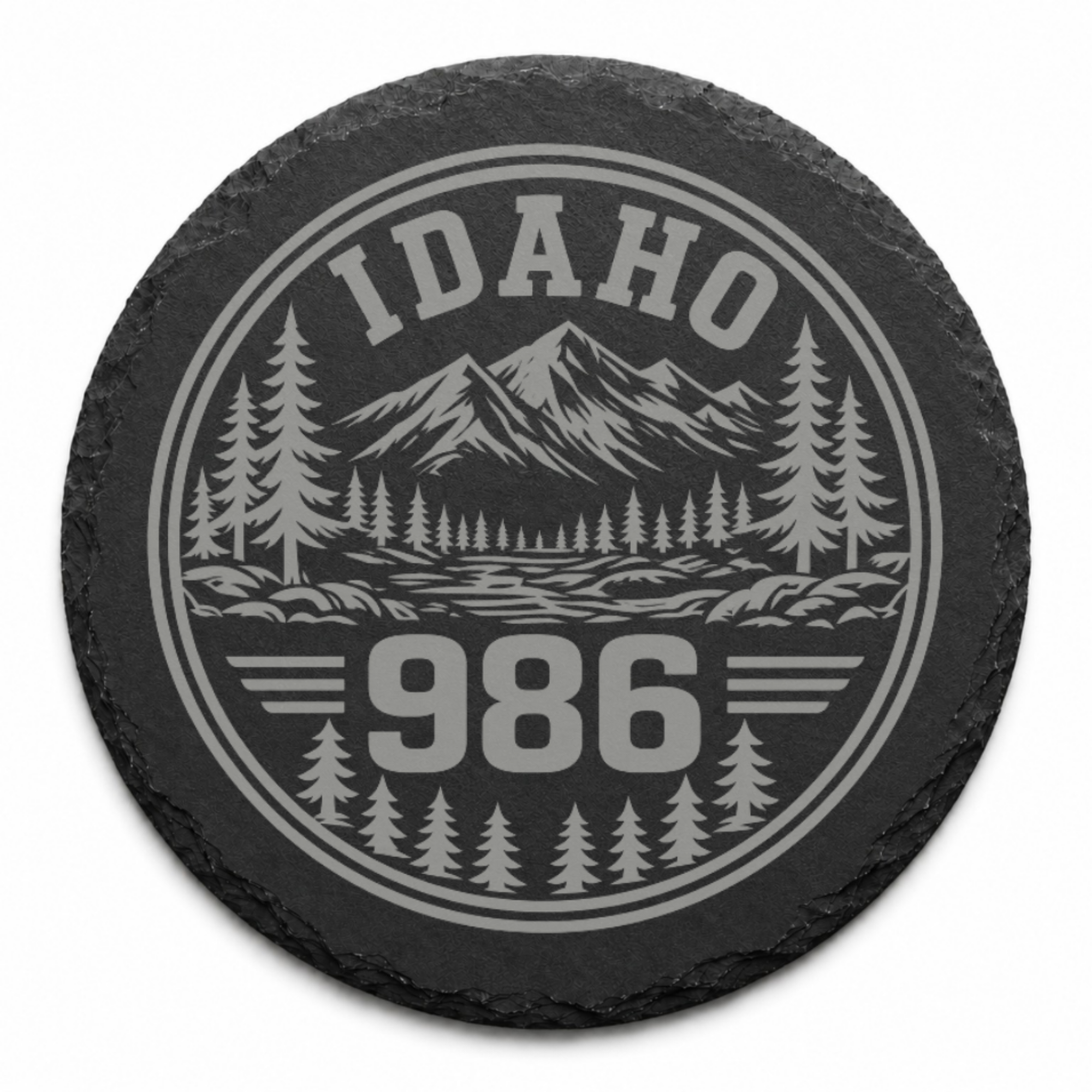 Idaho Area Code Slate Coasters | 208 & 986 Rustic Idaho Gifts | Engraved Mountain Cabin Stone Coasters — Dandelion Design Co. — SlateStudioMedia:design%3A1%3Ashape%3Around:4 — 0098-IAGN_idaho_area_code_slate_coasters_208_986_rustic_idaho_gifts_engraved_mountain_cabin_stone_coasters_04_round_main.png