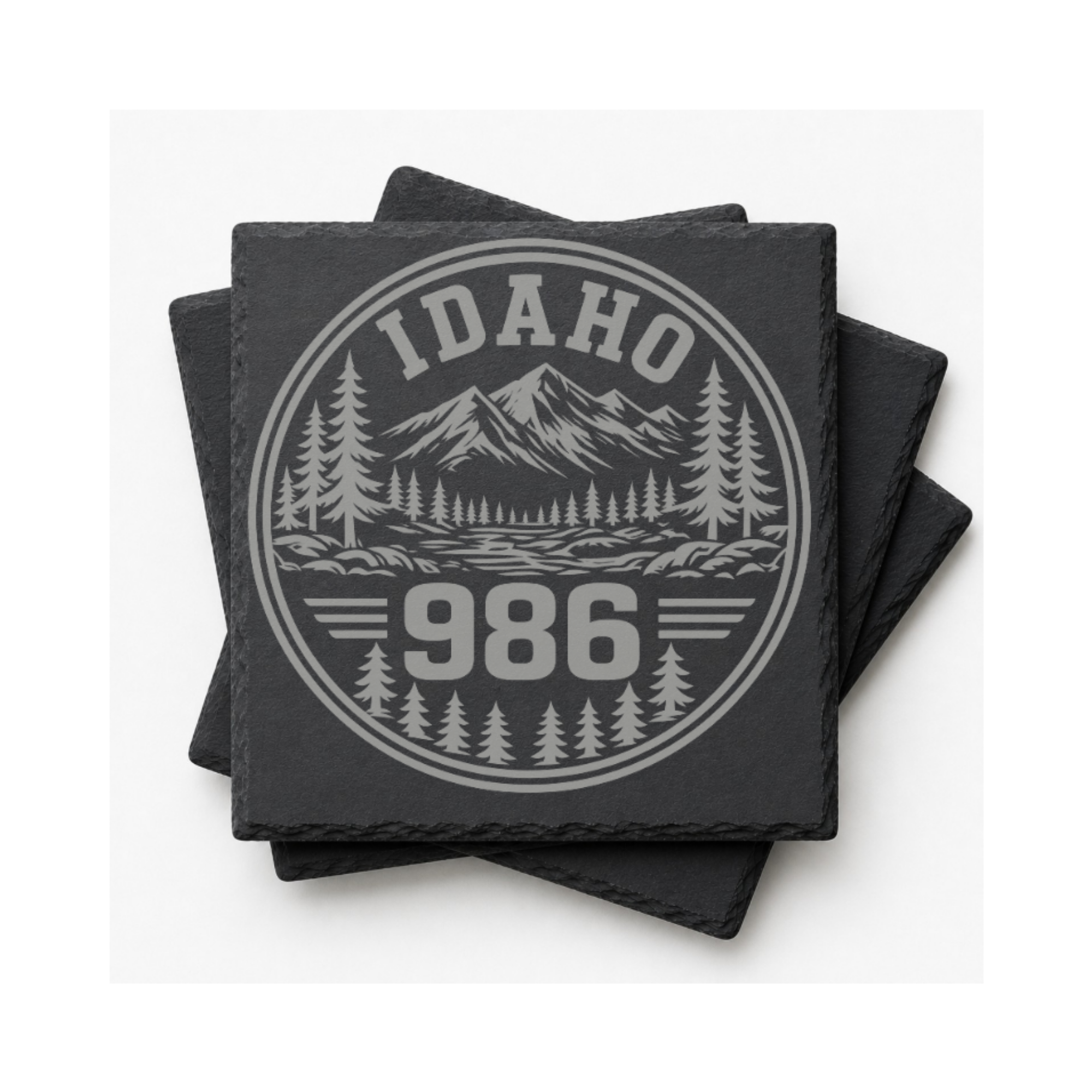 Idaho Area Code Slate Coasters | 208 & 986 Rustic Idaho Gifts | Engraved Mountain Cabin Stone Coasters — Dandelion Design Co. — SlateStudioMedia:gallery:8 — 0098-IAGN_idaho_area_code_slate_coasters_208_986_rustic_idaho_gifts_engraved_mountain_cabin_stone_coasters_09_square_stack.png