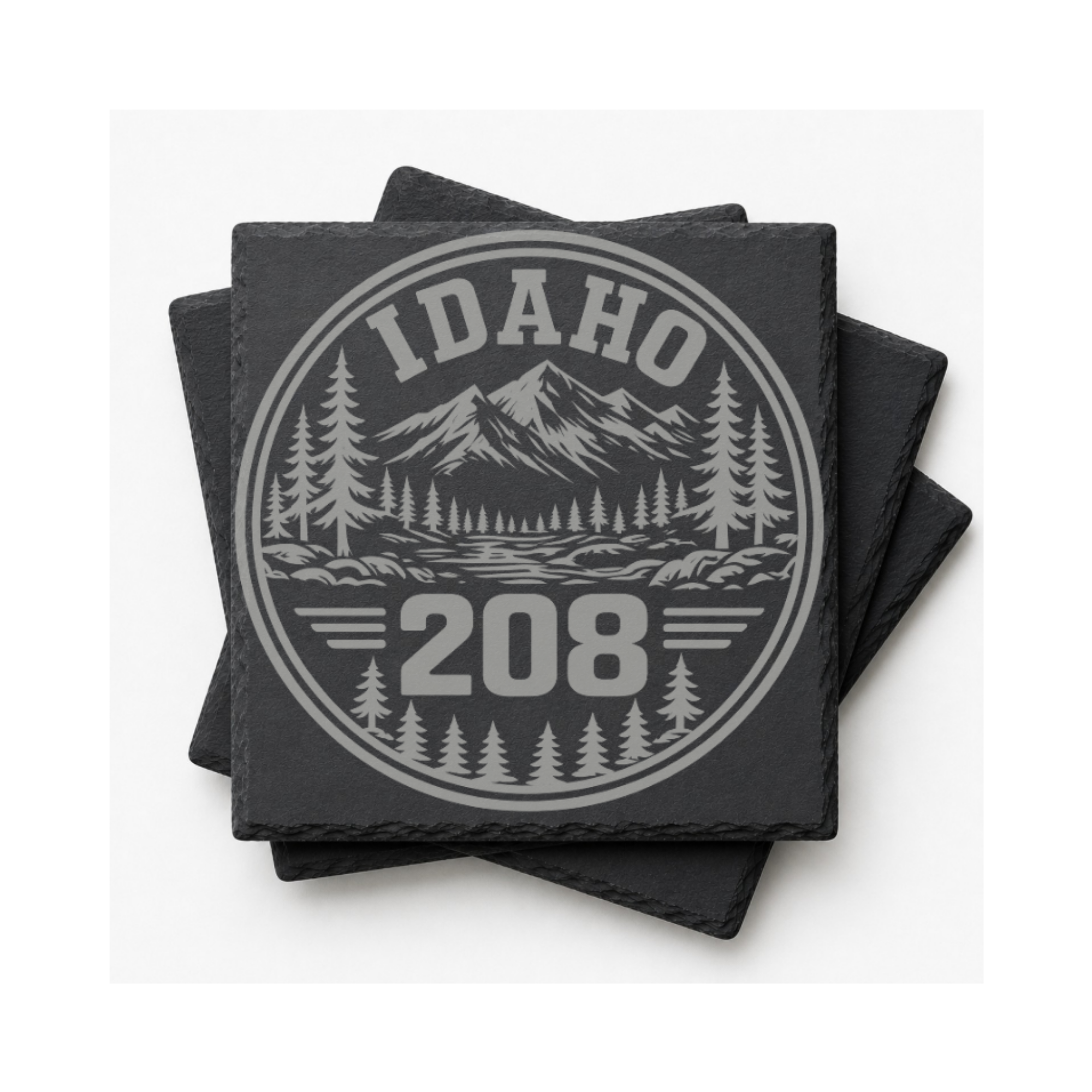 Idaho Area Code Slate Coasters | 208 & 986 Rustic Idaho Gifts | Engraved Mountain Cabin Stone Coasters — Dandelion Design Co. — SlateStudioMedia:gallery:10 — 0098-IAGN_idaho_area_code_slate_coasters_208_986_rustic_idaho_gifts_engraved_mountain_cabin_stone_coasters_12_D02_square_stack.png