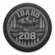 Idaho Area Code Slate Coasters | 208 & 986 Rustic Idaho Gifts | Engraved Mountain Cabin Stone Coasters — Dandelion Design Co. — SlateStudioMedia:design%3A2%3Ashape%3Around:5 — 0098-IAGN_idaho_area_code_slate_coasters_208_986_rustic_idaho_gifts_engraved_mountain_cabin_stone_coasters_14_D02_round_main.png
