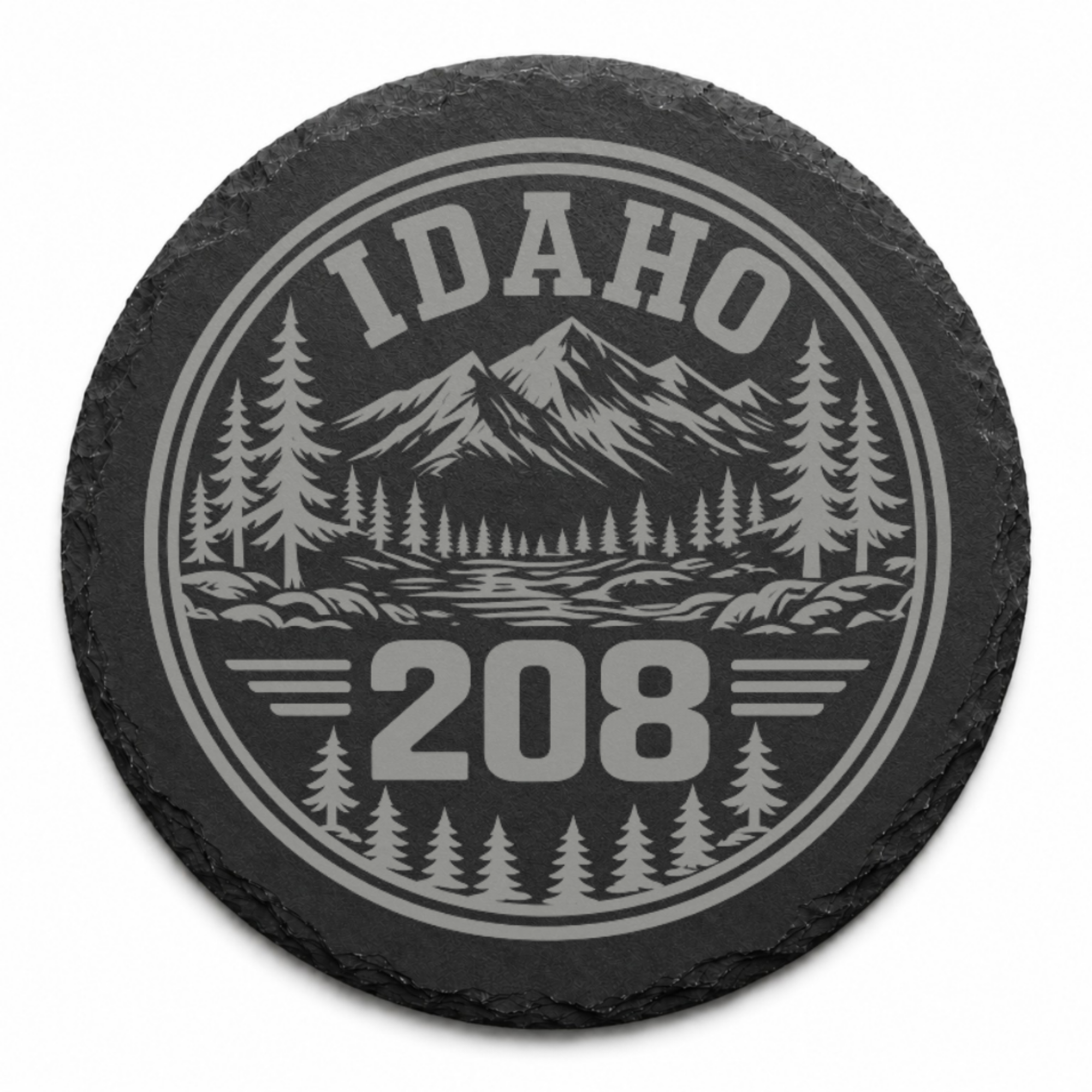 Idaho Area Code Slate Coasters | 208 & 986 Rustic Idaho Gifts | Engraved Mountain Cabin Stone Coasters — Dandelion Design Co. — SlateStudioMedia:design%3A2%3Ashape%3Around:5 — 0098-IAGN_idaho_area_code_slate_coasters_208_986_rustic_idaho_gifts_engraved_mountain_cabin_stone_coasters_14_D02_round_main.png