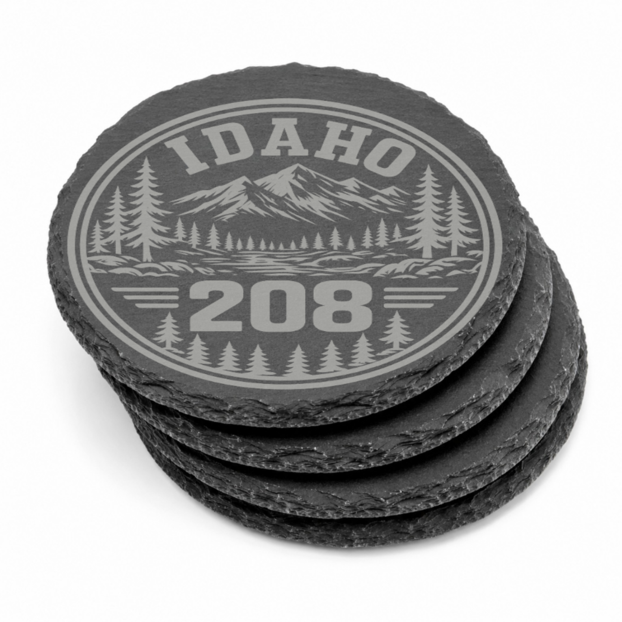 Idaho Area Code Slate Coasters | 208 & 986 Rustic Idaho Gifts | Engraved Mountain Cabin Stone Coasters — Dandelion Design Co. — SlateStudioMedia:gallery:11 — 0098-IAGN_idaho_area_code_slate_coasters_208_986_rustic_idaho_gifts_engraved_mountain_cabin_stone_coasters_15_D02_round_stack.png