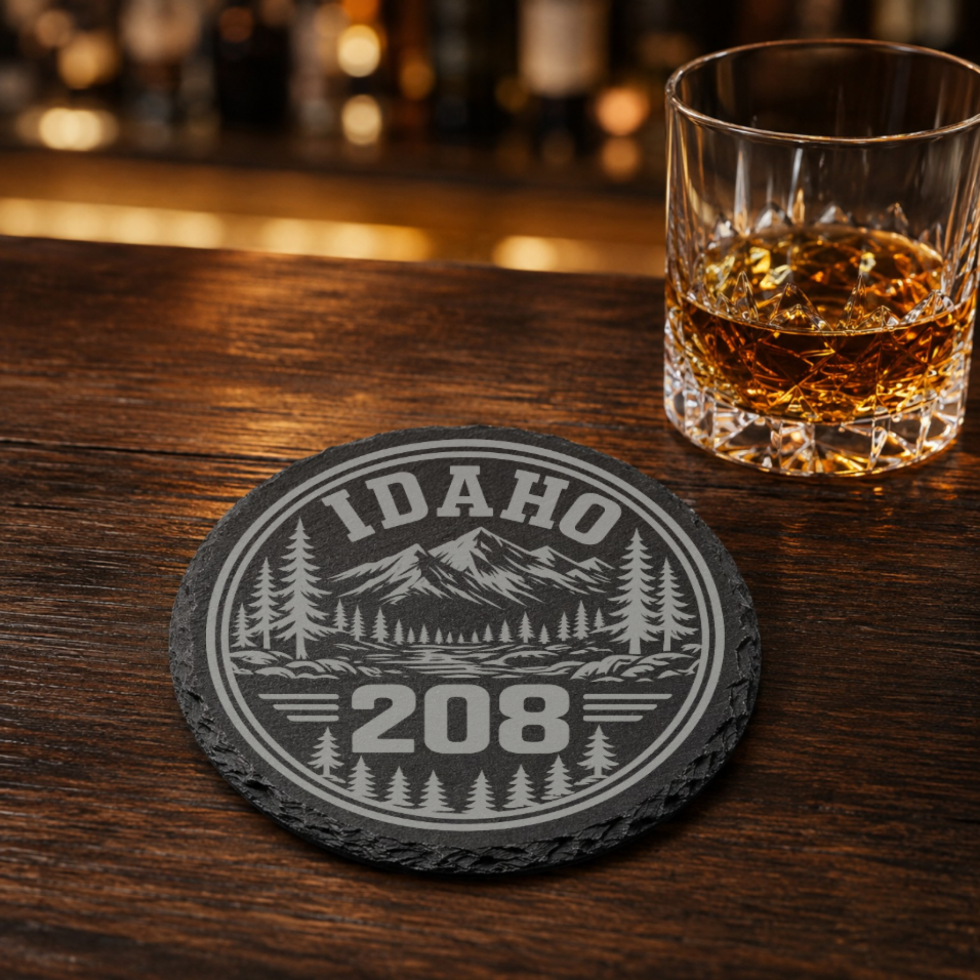 Idaho Area Code Slate Coasters | 208 & 986 Rustic Idaho Gifts | Engraved Mountain Cabin Stone Coasters — Dandelion Design Co. — SlateStudioMedia:gallery:15 — 0098-IAGN_idaho_area_code_slate_coasters_208_986_rustic_idaho_gifts_engraved_mountain_cabin_stone_coasters_16_D02_round_whiskey_lifestyle.png