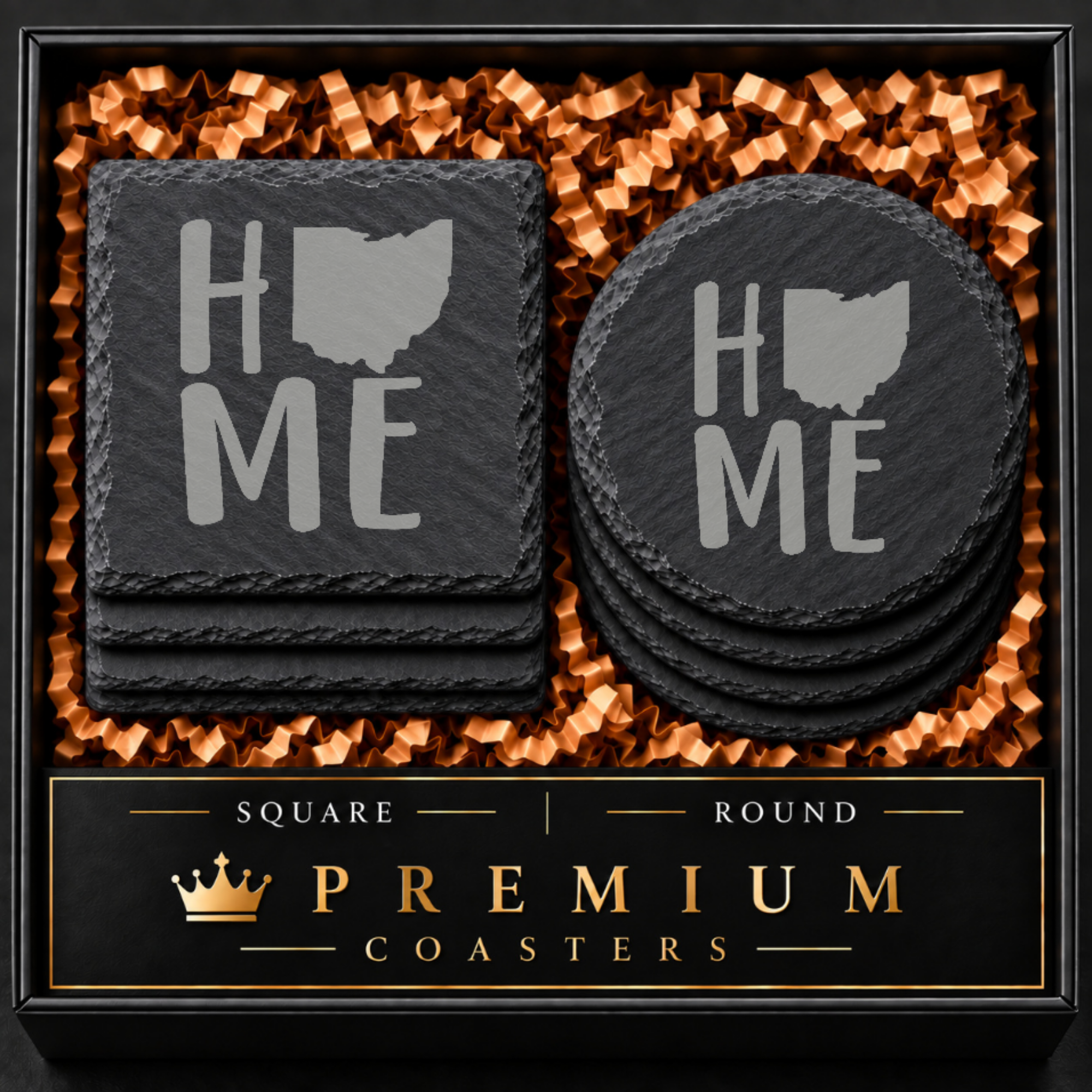 Ohio Slate Coasters 4x4 Laser Engraved Stone Drink Coasters Ohio Home Décor Buckeye State Established 1803 Gift — Dandelion Design Co. — SlateStudioMedia:hero:1 — 0099-OSGN_ohio_slate_coasters_4x4_laser_engraved_stone_drink_coasters_ohio_home_d_cor_buckeye_state_established_1803_gift_01_square_round_gift_hero.png