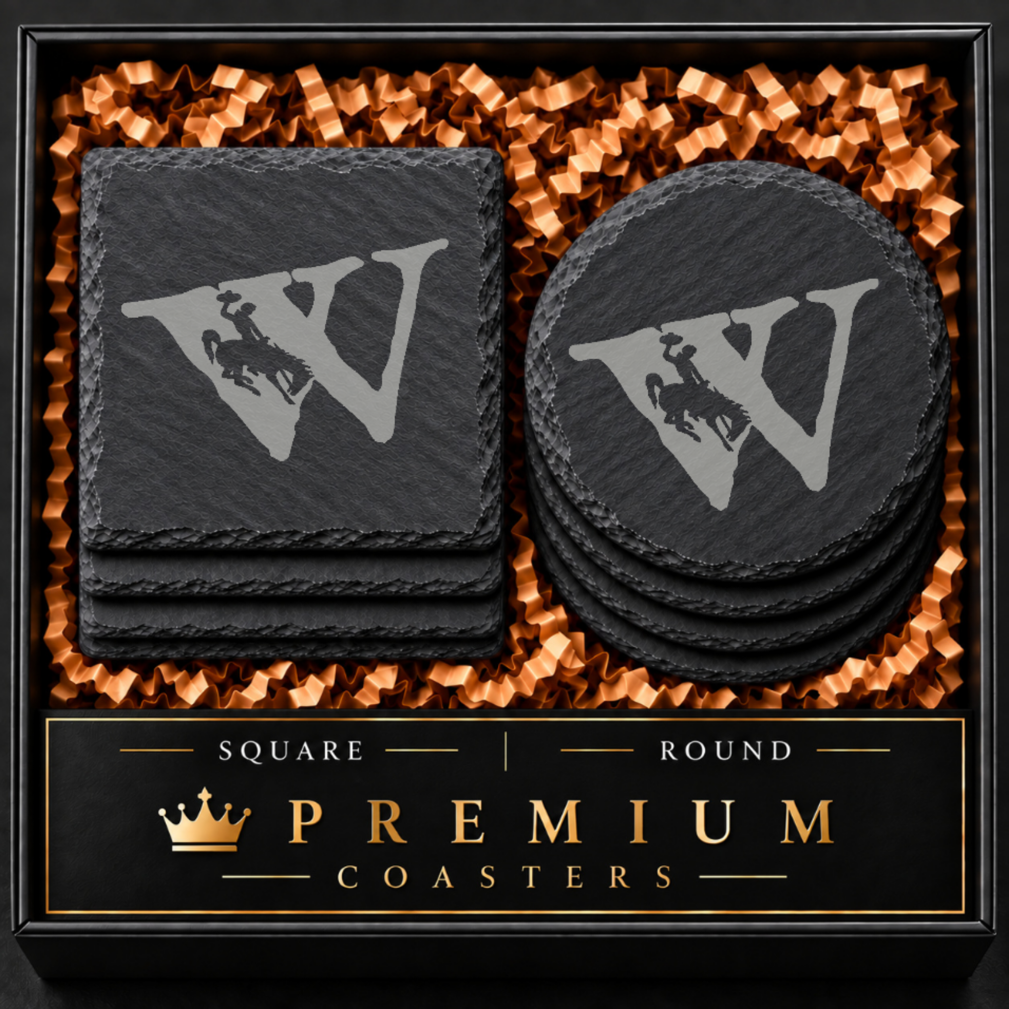 Wyoming Bucking Horse Slate Coaster Set | Set of 4 Steamboat EngravedSlate Coaster Set | Wyoming Cowboys | Drink Coaster | Table Decor — Dandelion Design Co. — SlateStudioMedia:hero:1 — 0100-WBGN_wyoming_bucking_horse_slate_coaster_set_set_of_4_steamboat_engravedslate_coaster_set_wyoming_cowboys_drink_coaster_table_decor_01_square_round_gift_hero.png