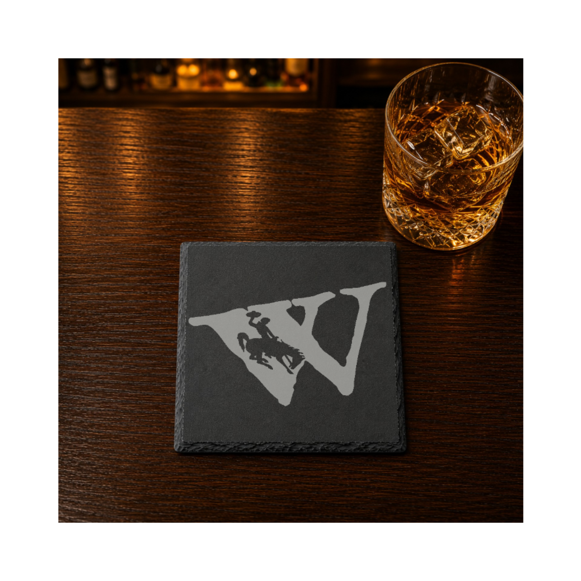 Wyoming Bucking Horse Slate Coaster Set | Set of 4 Steamboat EngravedSlate Coaster Set | Wyoming Cowboys | Drink Coaster | Table Decor — Dandelion Design Co. — SlateStudioMedia:gallery:8 — 0100-WBGN_wyoming_bucking_horse_slate_coaster_set_set_of_4_steamboat_engravedslate_coaster_set_wyoming_cowboys_drink_coaster_table_decor_07_square_whiskey_lifestyle.png