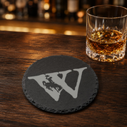 Wyoming Bucking Horse Slate Coaster Set | Set of 4 Steamboat EngravedSlate Coaster Set | Wyoming Cowboys | Drink Coaster | Table Decor — Dandelion Design Co. — SlateStudioMedia:gallery:9 — 0100-WBGN_wyoming_bucking_horse_slate_coaster_set_set_of_4_steamboat_engravedslate_coaster_set_wyoming_cowboys_drink_coaster_table_decor_08_round_whiskey_lifestyle.png