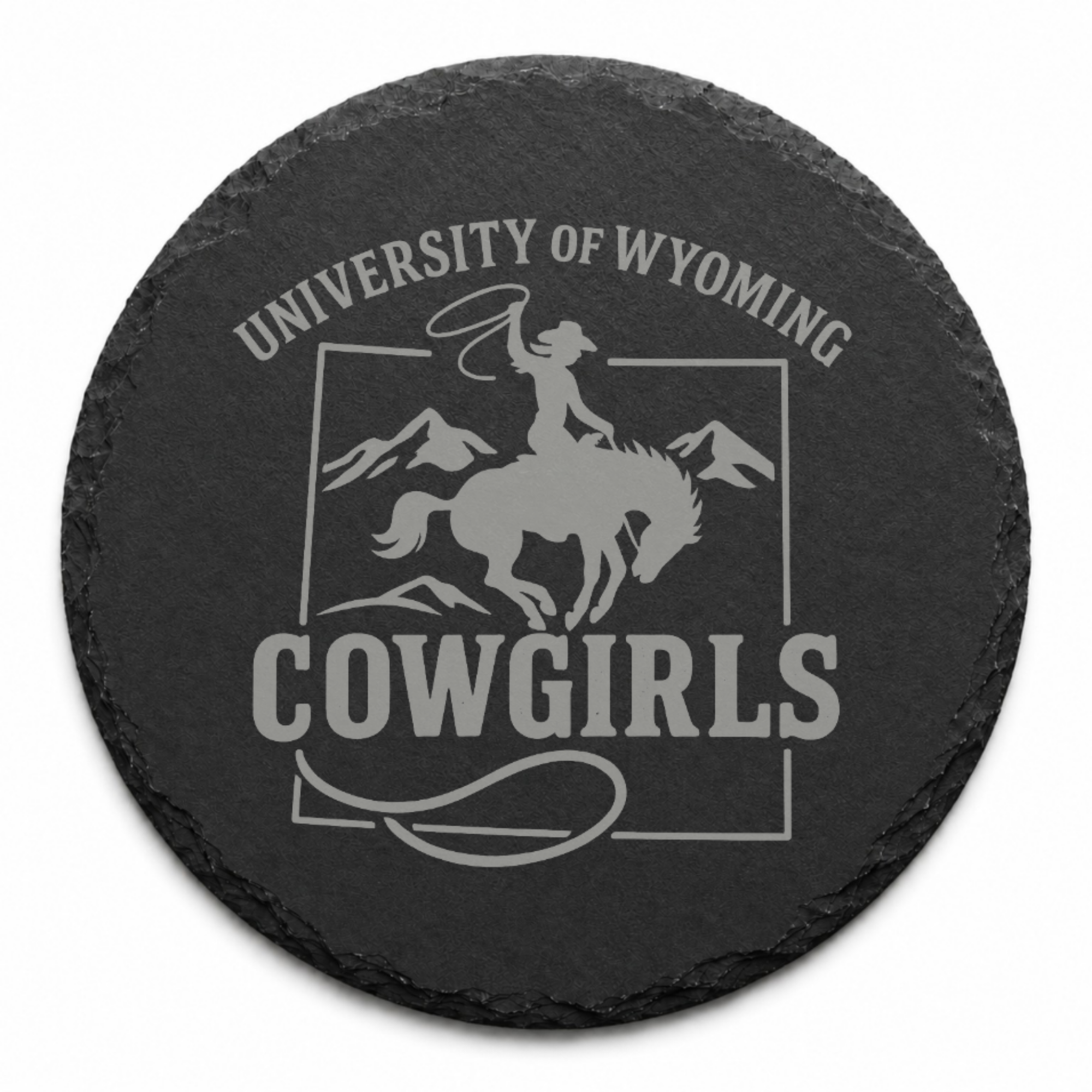 University of Wyoming Slate Coaster – "The World Needs More Cowboys" | Laser Engraved | Rustic Cowboy Gift - UW — Dandelion Design Co. — SlateStudioMedia:design%3A1%3Ashape%3Around:4 — 0101-UWGN_university_of_wyoming_slate_coaster_quot_the_world_needs_more_cowboys_quot_laser_engraved_rustic_cowboy_gift_uw_04_round_main.png