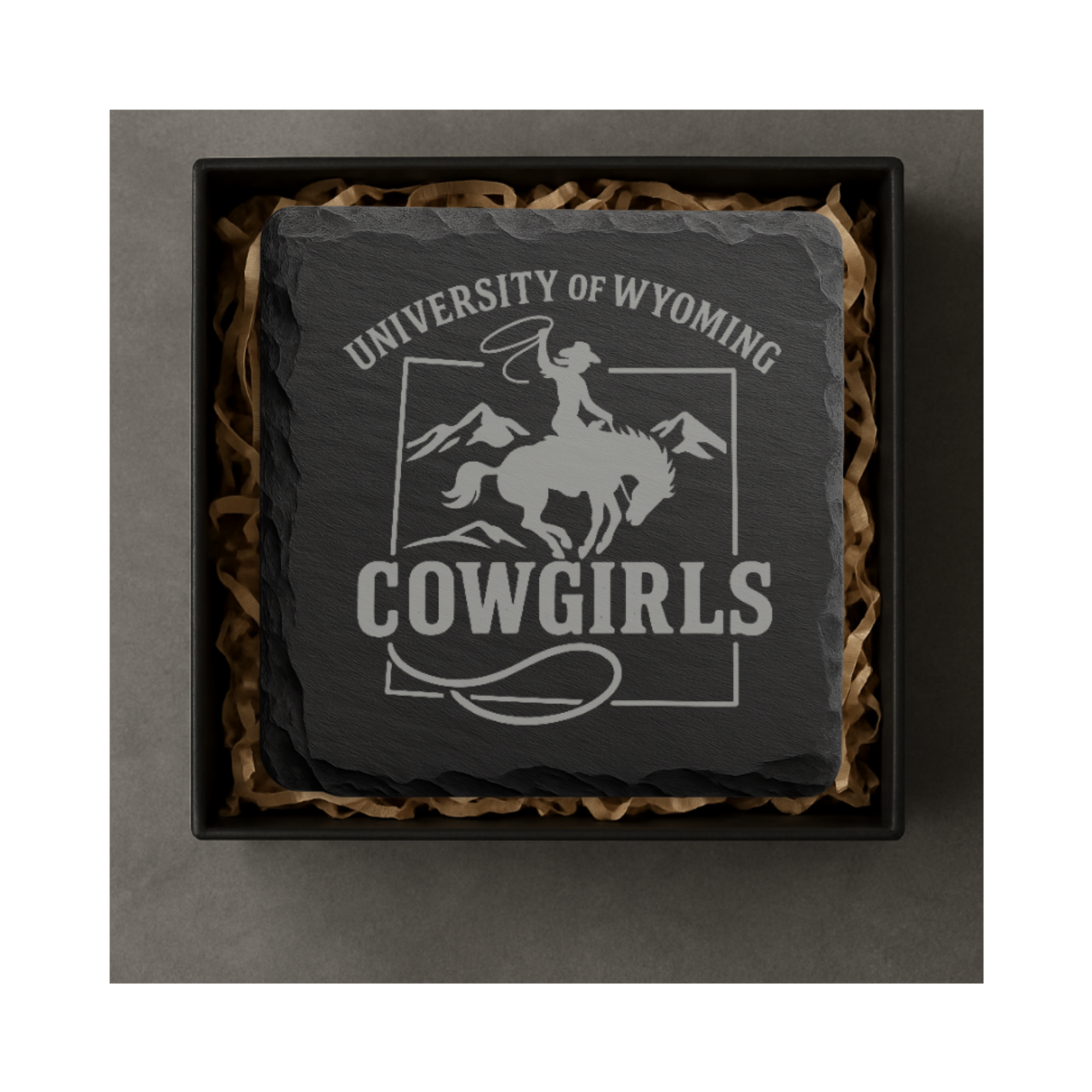 University of Wyoming Slate Coaster – "The World Needs More Cowboys" | Laser Engraved | Rustic Cowboy Gift - UW — Dandelion Design Co. — SlateStudioMedia:gallery:6 — 0101-UWGN_university_of_wyoming_slate_coaster_quot_the_world_needs_more_cowboys_quot_laser_engraved_rustic_cowboy_gift_uw_05_square_gift_box.png