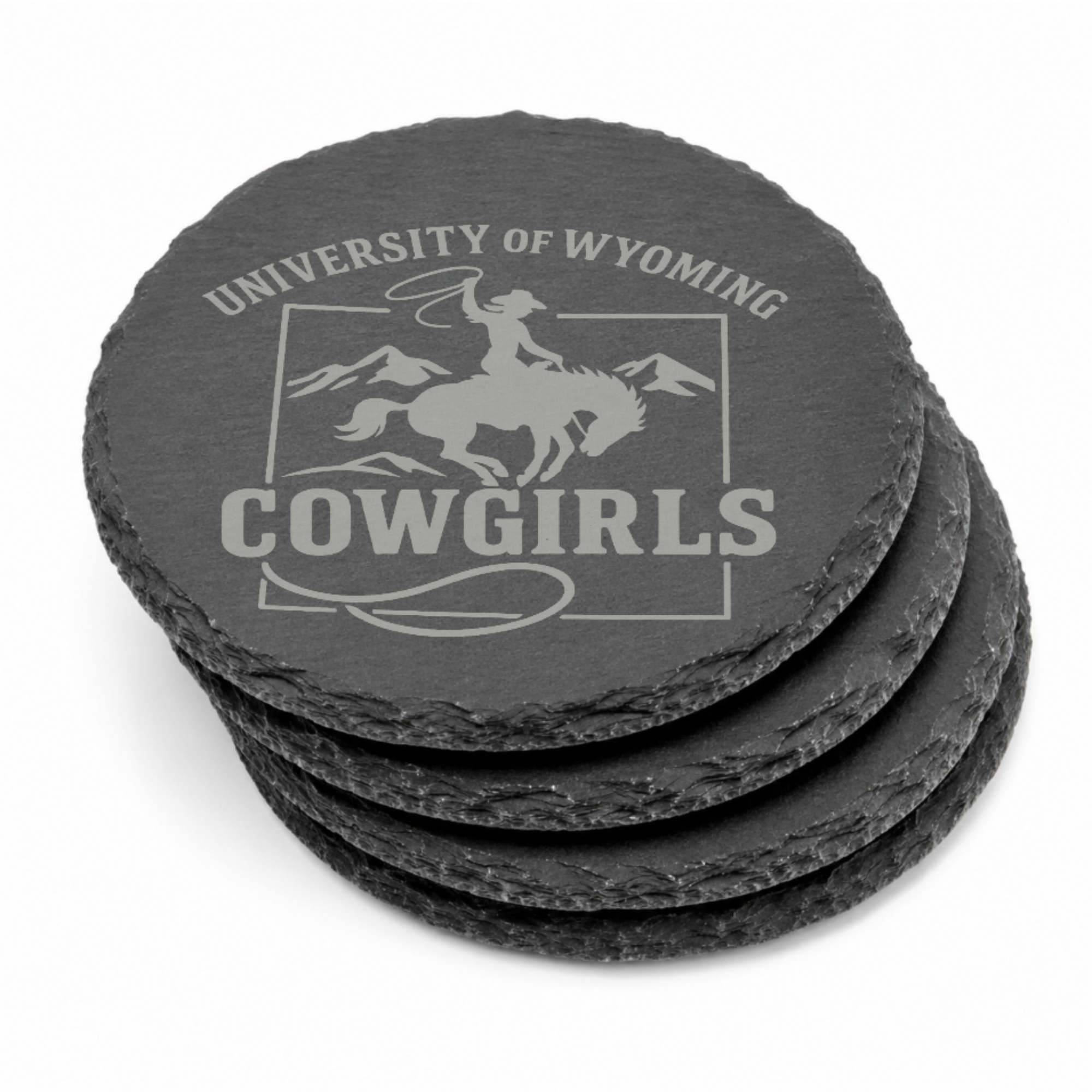 University of Wyoming Slate Coaster – "The World Needs More Cowboys" | Laser Engraved | Rustic Cowboy Gift - UW — Dandelion Design Co. — SlateStudioMedia:gallery:9 — 0101-UWGN_university_of_wyoming_slate_coaster_quot_the_world_needs_more_cowboys_quot_laser_engraved_rustic_cowboy_gift_uw_10_round_stack.png