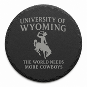 University of Wyoming Slate Coaster – "The World Needs More Cowboys" | Laser Engraved | Rustic Cowboy Gift - UW — Dandelion Design Co. — SlateStudioMedia:design%3A2%3Ashape%3Around:5 — 0101-UWGN_university_of_wyoming_slate_coaster_quot_the_world_needs_more_cowboys_quot_laser_engraved_rustic_cowboy_gift_uw_14_D02_round_main.png