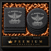 Cheyenne Wyoming Air Force Coaster | F.E. Warren AFB Gift | Military Slate Coaster | Veteran Gift | USAF Inspired Decor | Missile Engraved — Dandelion Design Co. — SlateStudioMedia:hero:1 — 0103-CWGN_cheyenne_wyoming_air_force_coaster_f_e_warren_afb_gift_military_slate_coaster_veteran_gift_usaf_inspired_decor_missile_engraved_01_square_round_gift_hero.png