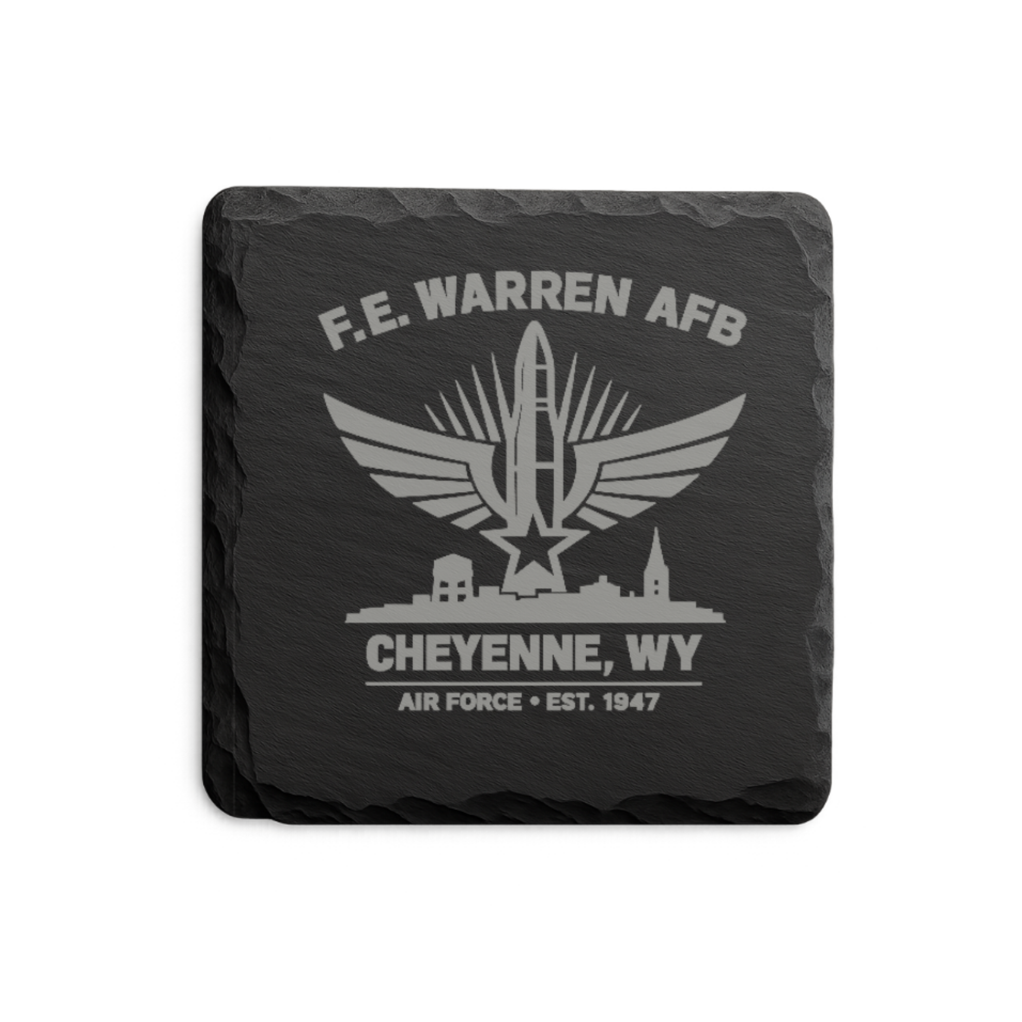 Cheyenne Wyoming Air Force Coaster | F.E. Warren AFB Gift | Military Slate Coaster | Veteran Gift | USAF Inspired Decor | Missile Engraved — Dandelion Design Co. — SlateStudioMedia:shape%3Asquare:2 — 0103-CWGN_cheyenne_wyoming_air_force_coaster_f_e_warren_afb_gift_military_slate_coaster_veteran_gift_usaf_inspired_decor_missile_engraved_03_square_main.png
