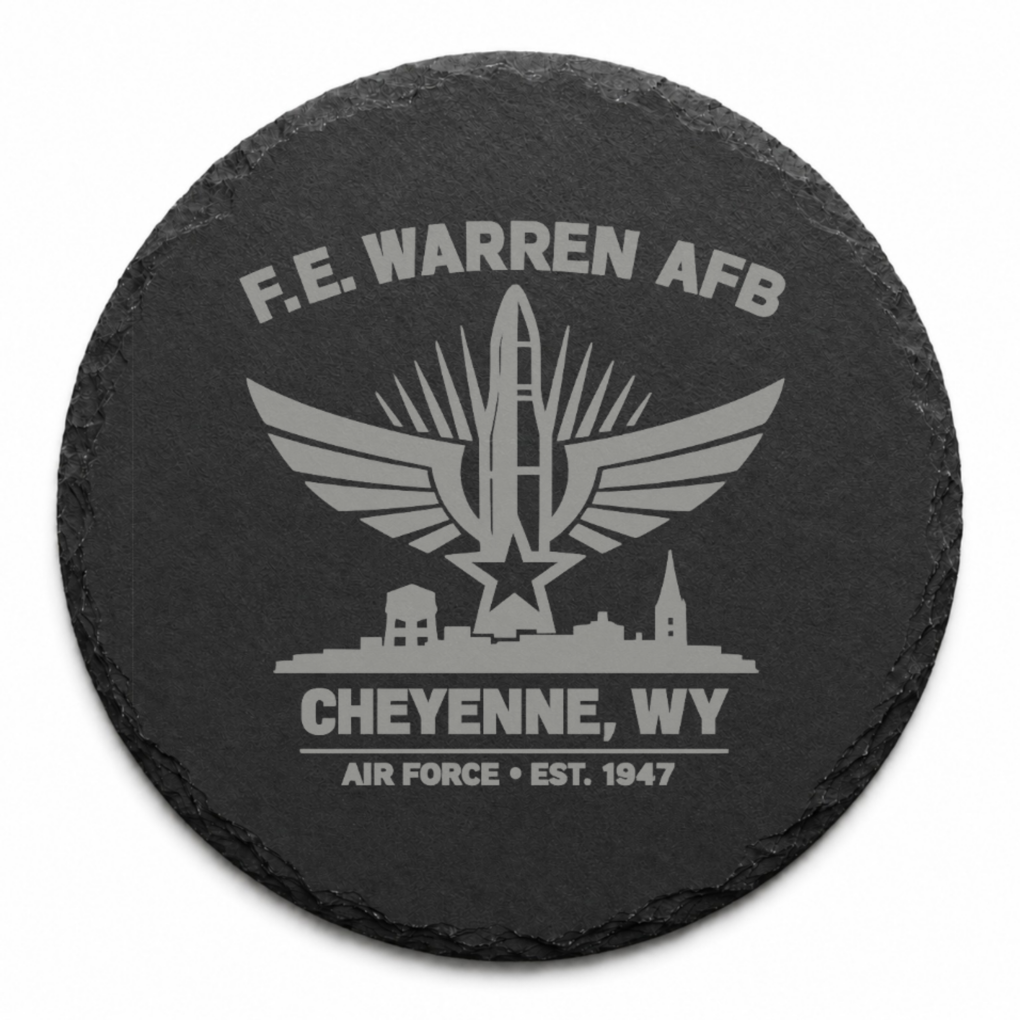 Cheyenne Wyoming Air Force Coaster | F.E. Warren AFB Gift | Military Slate Coaster | Veteran Gift | USAF Inspired Decor | Missile Engraved — Dandelion Design Co. — SlateStudioMedia:shape%3Around:3 — 0103-CWGN_cheyenne_wyoming_air_force_coaster_f_e_warren_afb_gift_military_slate_coaster_veteran_gift_usaf_inspired_decor_missile_engraved_04_round_main.png