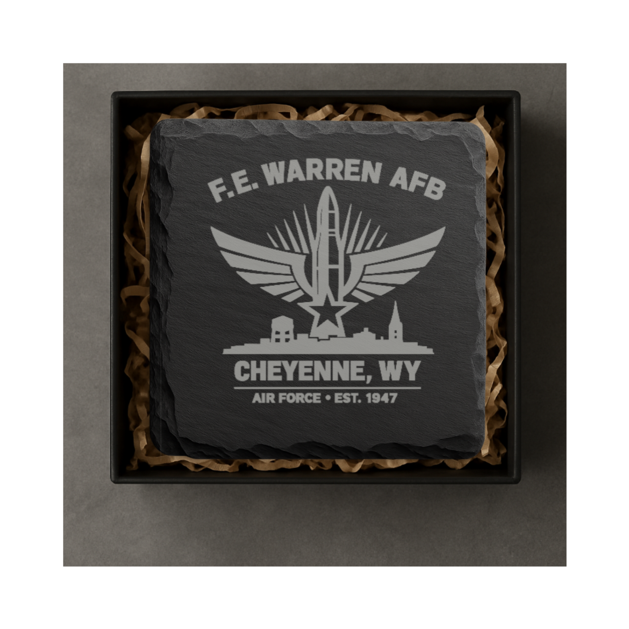 Cheyenne Wyoming Air Force Coaster | F.E. Warren AFB Gift | Military Slate Coaster | Veteran Gift | USAF Inspired Decor | Missile Engraved — Dandelion Design Co. — SlateStudioMedia:gallery:4 — 0103-CWGN_cheyenne_wyoming_air_force_coaster_f_e_warren_afb_gift_military_slate_coaster_veteran_gift_usaf_inspired_decor_missile_engraved_05_square_gift_box.png
