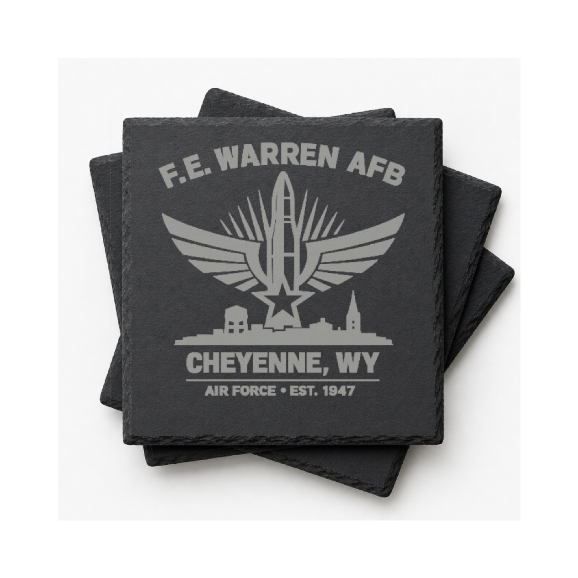 Cheyenne Wyoming Air Force Coaster | F.E. Warren AFB Gift | Military Slate Coaster | Veteran Gift | USAF Inspired Decor | Missile Engraved — Dandelion Design Co. — SlateStudioMedia:gallery:6 — 0103-CWGN_cheyenne_wyoming_air_force_coaster_f_e_warren_afb_gift_military_slate_coaster_veteran_gift_usaf_inspired_decor_missile_engraved_09_square_stack.png