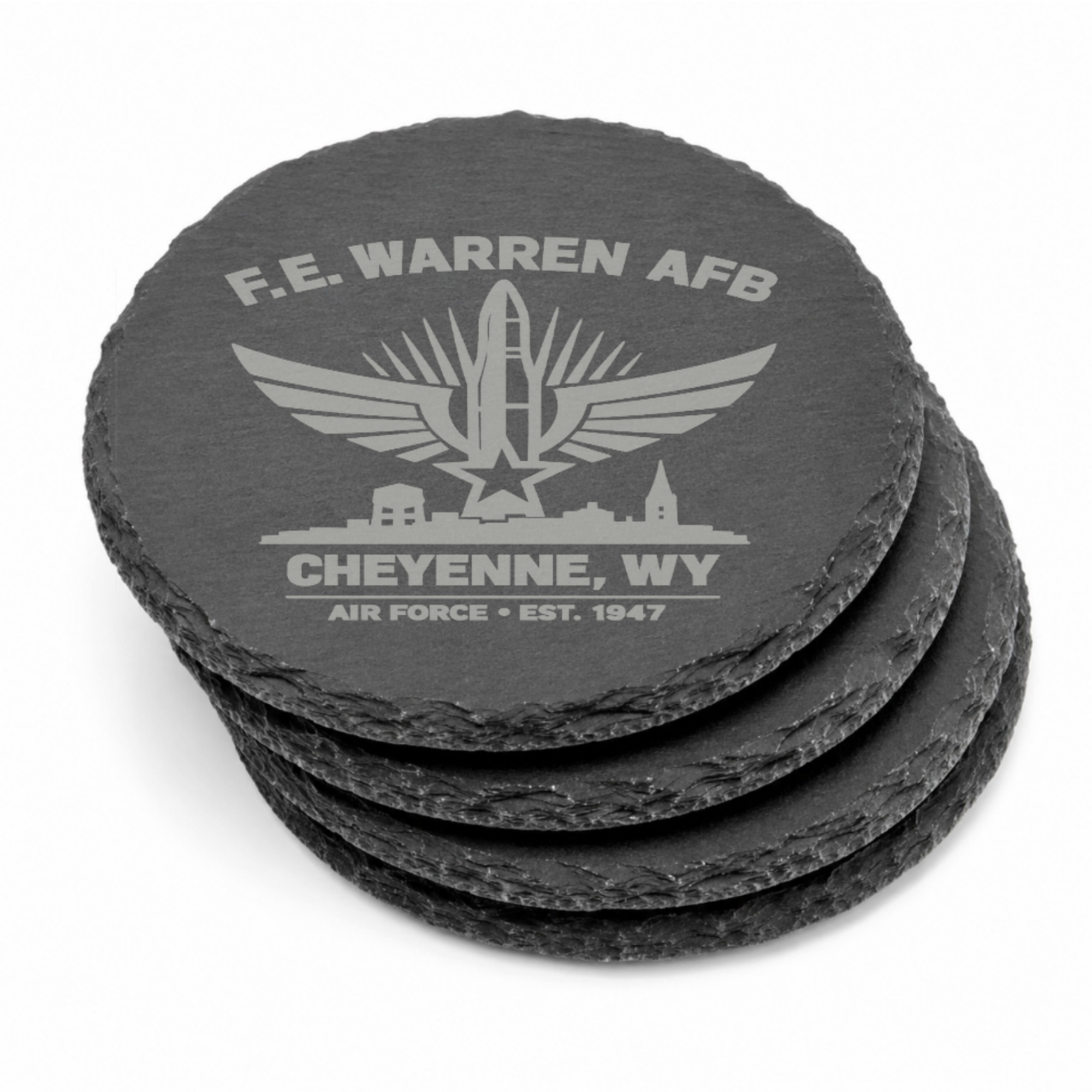 Cheyenne Wyoming Air Force Coaster | F.E. Warren AFB Gift | Military Slate Coaster | Veteran Gift | USAF Inspired Decor | Missile Engraved — Dandelion Design Co. — SlateStudioMedia:gallery:7 — 0103-CWGN_cheyenne_wyoming_air_force_coaster_f_e_warren_afb_gift_military_slate_coaster_veteran_gift_usaf_inspired_decor_missile_engraved_10_round_stack.png