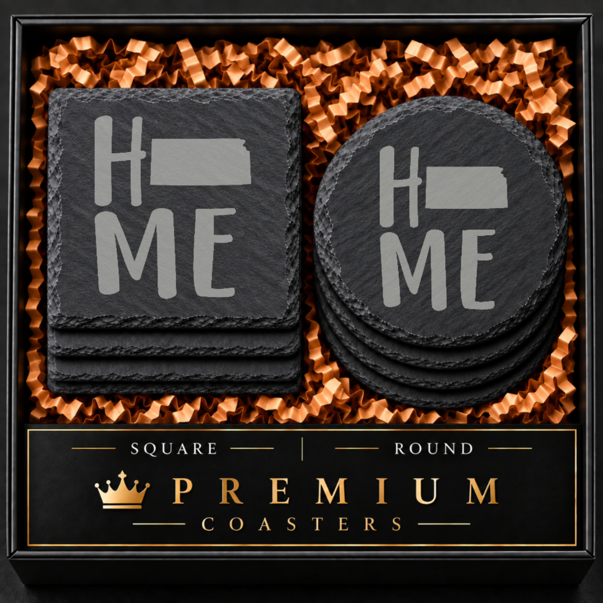 Kansas Slate Coasters 4x4 Laser Engraved Stone Drink Coasters Kansas Home Décor Sunflower State Established 1861 Gift — Dandelion Design Co. — SlateStudioMedia:hero:1 — 0103-KSGN_kansas_slate_coasters_4x4_laser_engraved_stone_drink_coasters_kansas_home_d_cor_sunflower_state_established_1861_gift_01_square_round_gift_hero.png