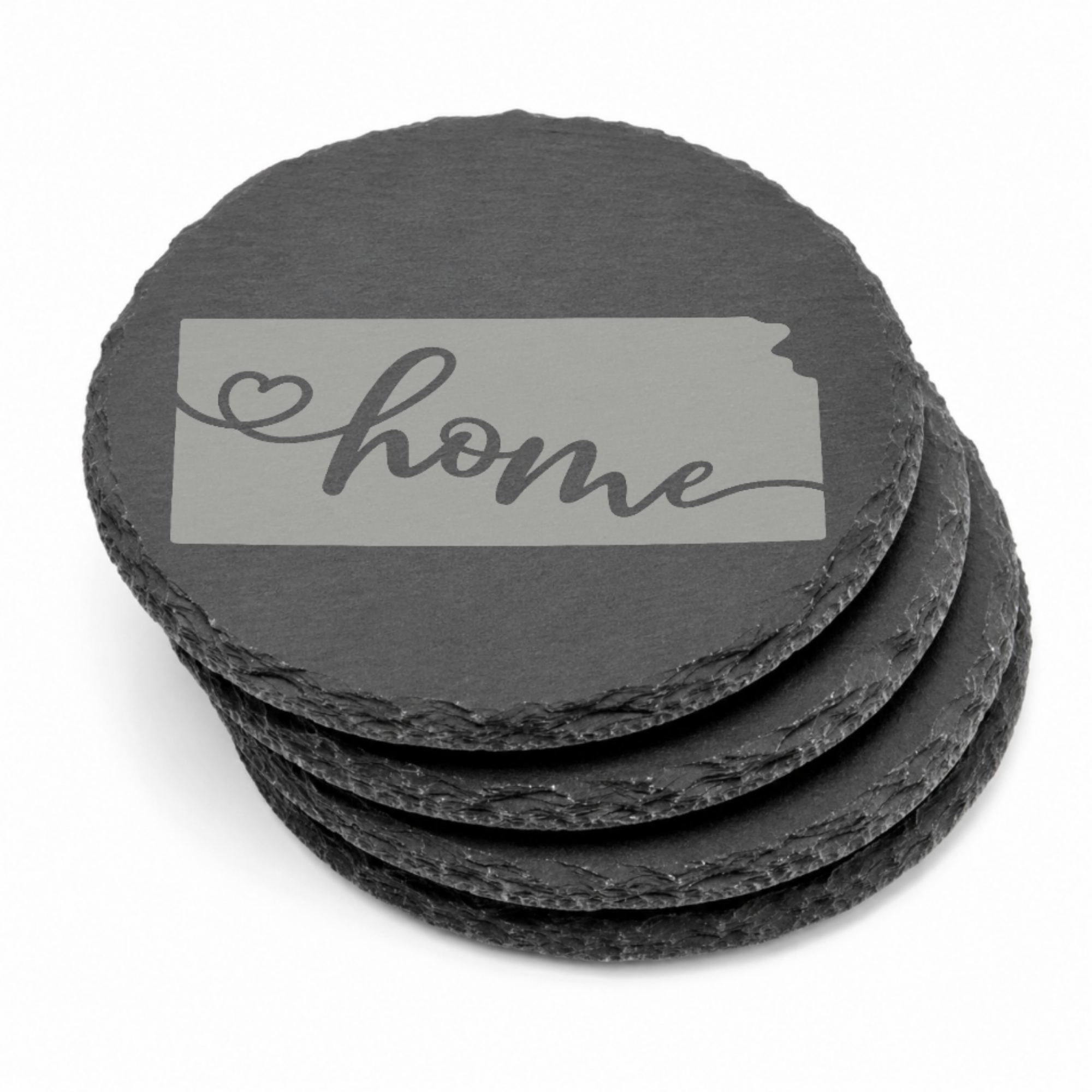 Kansas Slate Coasters 4x4 Laser Engraved Stone Drink Coasters Kansas Home Décor Sunflower State Established 1861 Gift — Dandelion Design Co. — SlateStudioMedia:gallery:13 — 0103-KSGN_kansas_slate_coasters_4x4_laser_engraved_stone_drink_coasters_kansas_home_d_cor_sunflower_state_established_1861_gift_15_D02_round_stack.png