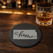 Kansas Slate Coasters 4x4 Laser Engraved Stone Drink Coasters Kansas Home Décor Sunflower State Established 1861 Gift — Dandelion Design Co. — SlateStudioMedia:gallery:19 — 0103-KSGN_kansas_slate_coasters_4x4_laser_engraved_stone_drink_coasters_kansas_home_d_cor_sunflower_state_established_1861_gift_16_D02_round_whiskey_lifestyle.png