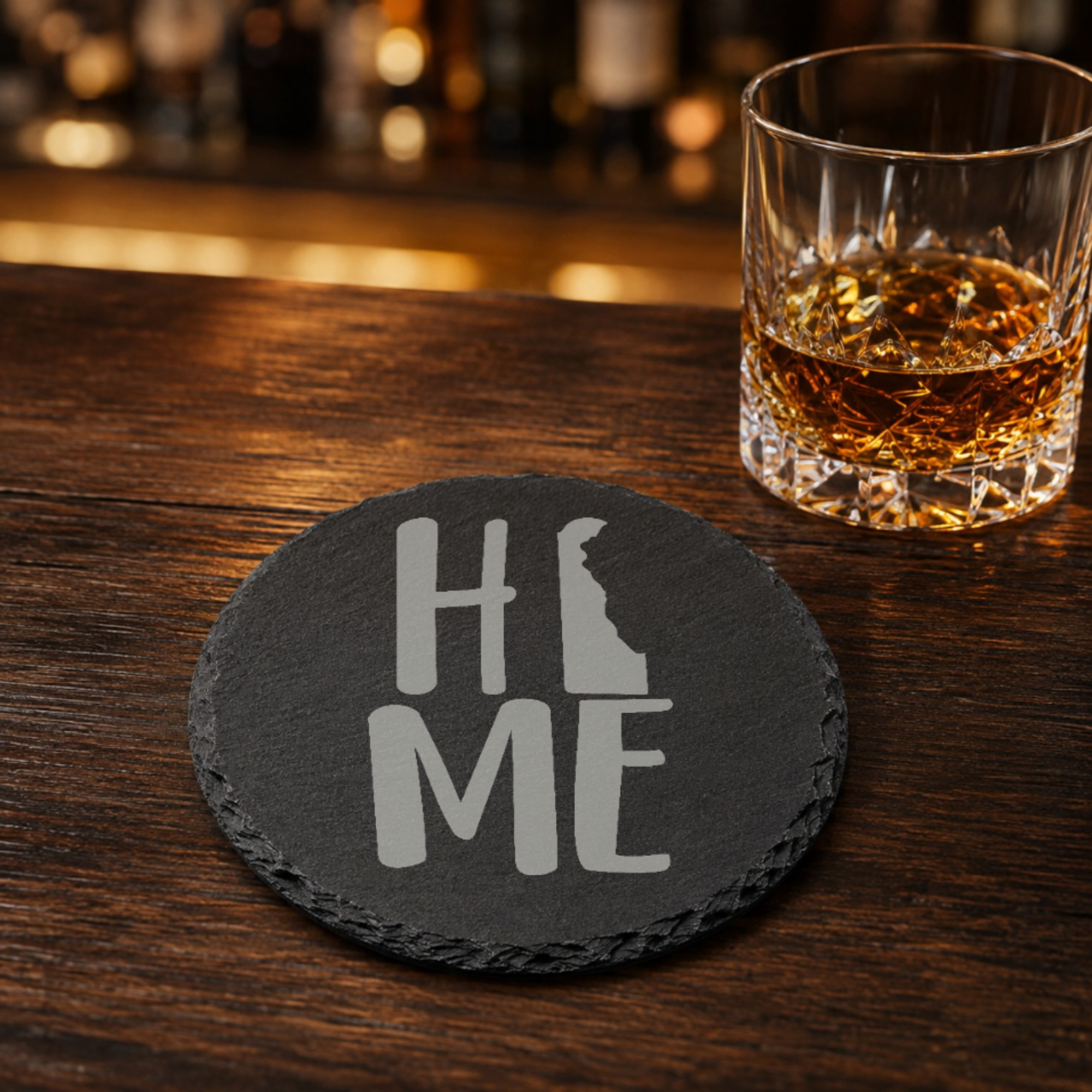 Delaware Slate Coasters 4x4 Laser Engraved Stone Drink Coasters Delaware Home Décor First State Established 1787 Gift — Dandelion Design Co. — SlateStudioMedia:gallery:17 — 0104-DSGN_delaware_slate_coasters_4x4_laser_engraved_stone_drink_coasters_delaware_home_d_cor_first_state_established_1787_gift_08_round_whiskey_lifestyle.png
