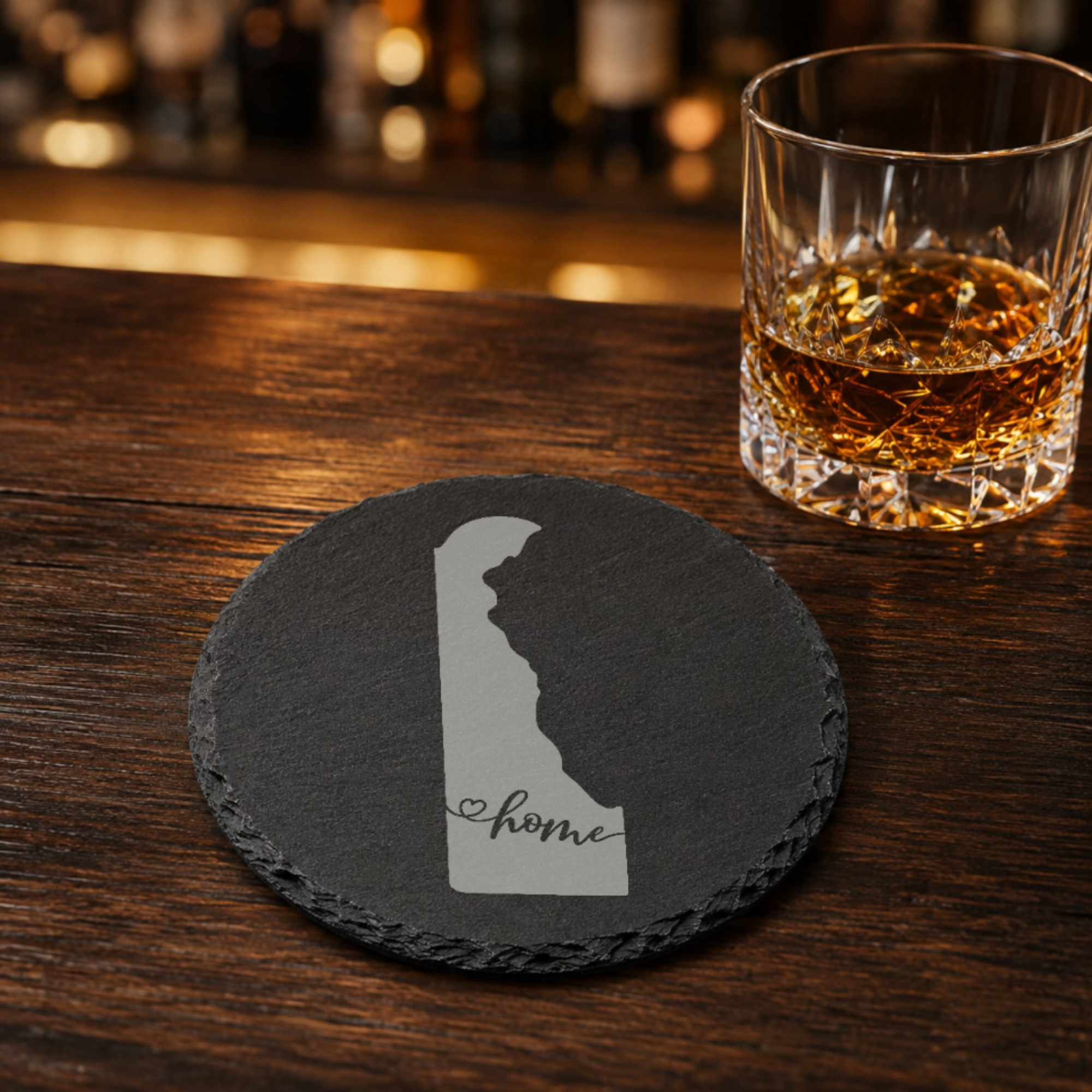 Delaware Slate Coasters 4x4 Laser Engraved Stone Drink Coasters Delaware Home Décor First State Established 1787 Gift — Dandelion Design Co. — SlateStudioMedia:gallery:19 — 0104-DSGN_delaware_slate_coasters_4x4_laser_engraved_stone_drink_coasters_delaware_home_d_cor_first_state_established_1787_gift_16_D02_round_whiskey_lifestyle.png