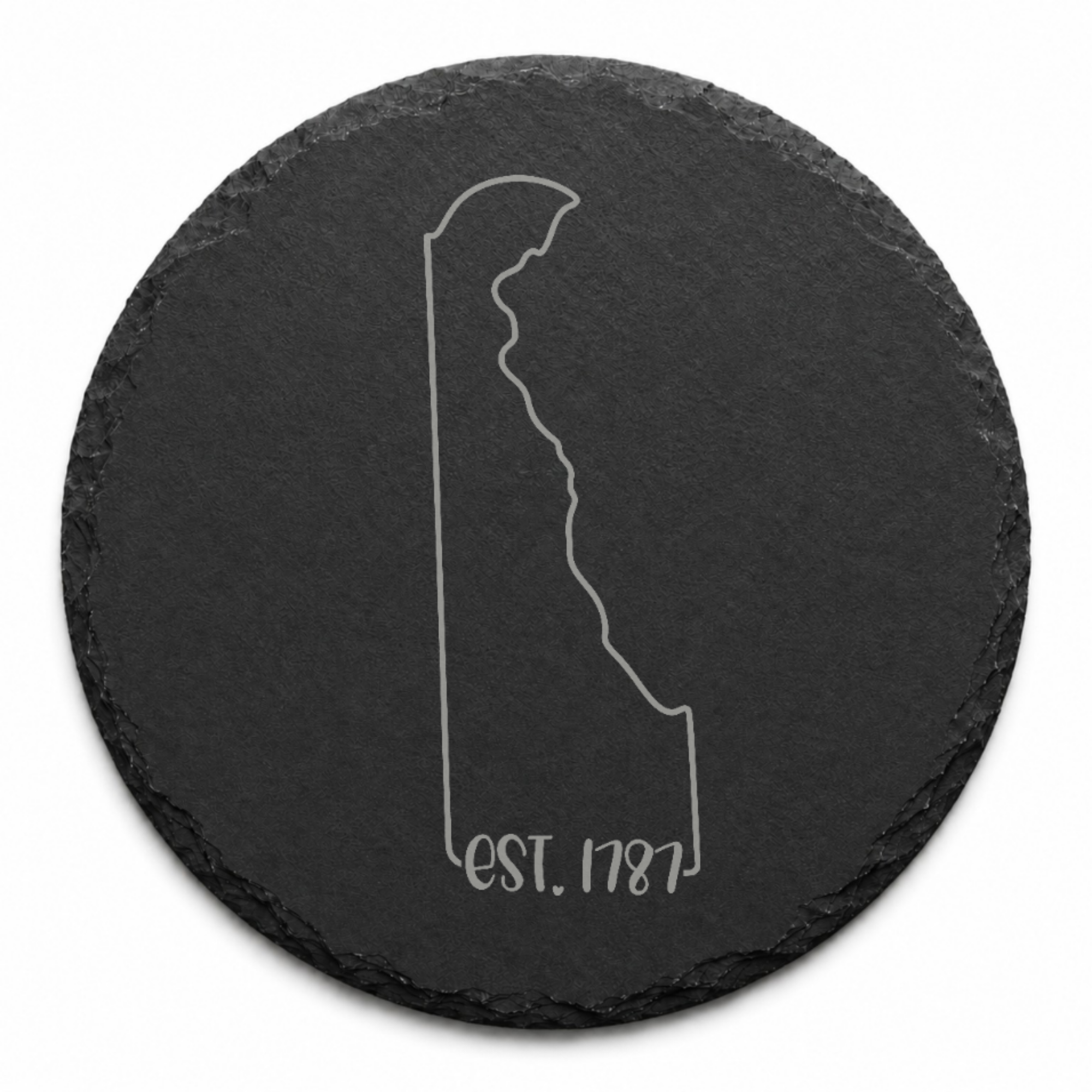 Delaware Slate Coasters 4x4 Laser Engraved Stone Drink Coasters Delaware Home Décor First State Established 1787 Gift — Dandelion Design Co. — SlateStudioMedia:design%3A3%3Ashape%3Around:7 — 0104-DSGN_delaware_slate_coasters_4x4_laser_engraved_stone_drink_coasters_delaware_home_d_cor_first_state_established_1787_gift_20_D03_round_main.png