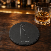 Delaware Slate Coasters 4x4 Laser Engraved Stone Drink Coasters Delaware Home Décor First State Established 1787 Gift — Dandelion Design Co. — SlateStudioMedia:gallery:21 — 0104-DSGN_delaware_slate_coasters_4x4_laser_engraved_stone_drink_coasters_delaware_home_d_cor_first_state_established_1787_gift_22_D03_round_whiskey_lifestyle.png