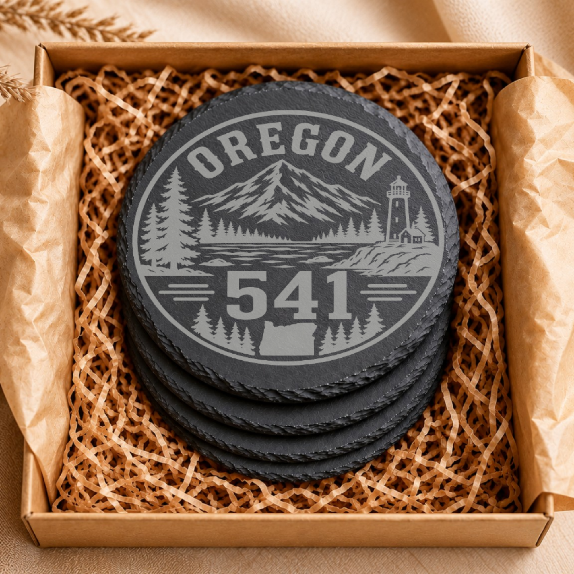 Oregon Area Code Slate Coasters | 503 971 541 458 Oregon Gift | Engraved Rustic Stone Coaster | Pacific Northwest Cabin Decor — Dandelion Design Co. — SlateStudioMedia:gallery:11 — 0104-OAGN_oregon_area_code_slate_coasters_503_971_541_458_oregon_gift_engraved_rustic_stone_coaster_pacific_northwest_cabin_decor_06_round_gift_box.png