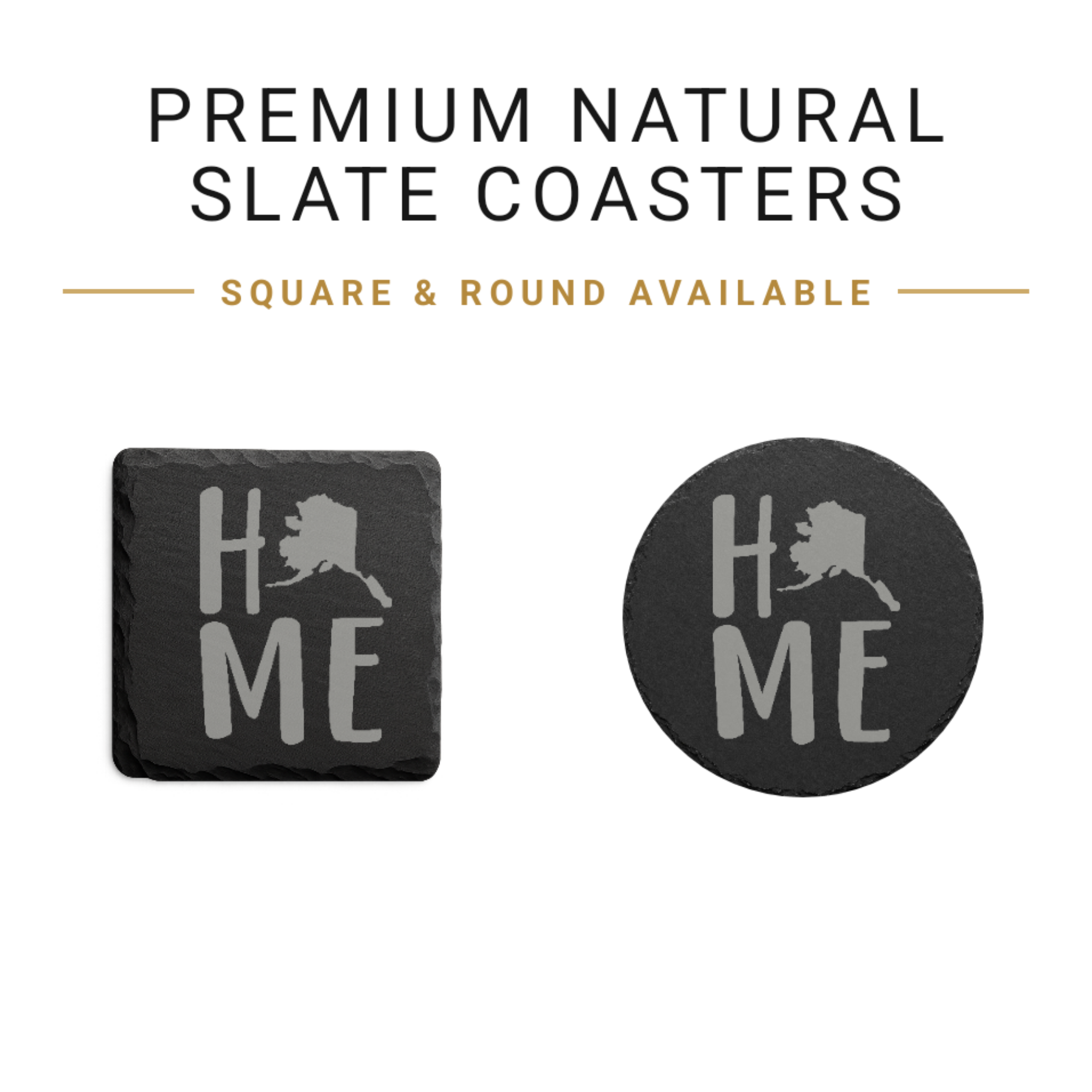 Alaska Slate Coasters 4x4 Laser Engraved Stone Drink Coasters Alaska Home Décor Last Frontier Established 1959 Gift — Dandelion Design Co. — SlateStudioMedia:gallery:22 — 0105-ASGN_alaska_slate_coasters_4x4_laser_engraved_stone_drink_coasters_alaska_home_d_cor_last_frontier_established_1959_gift_02_square_round_available.png