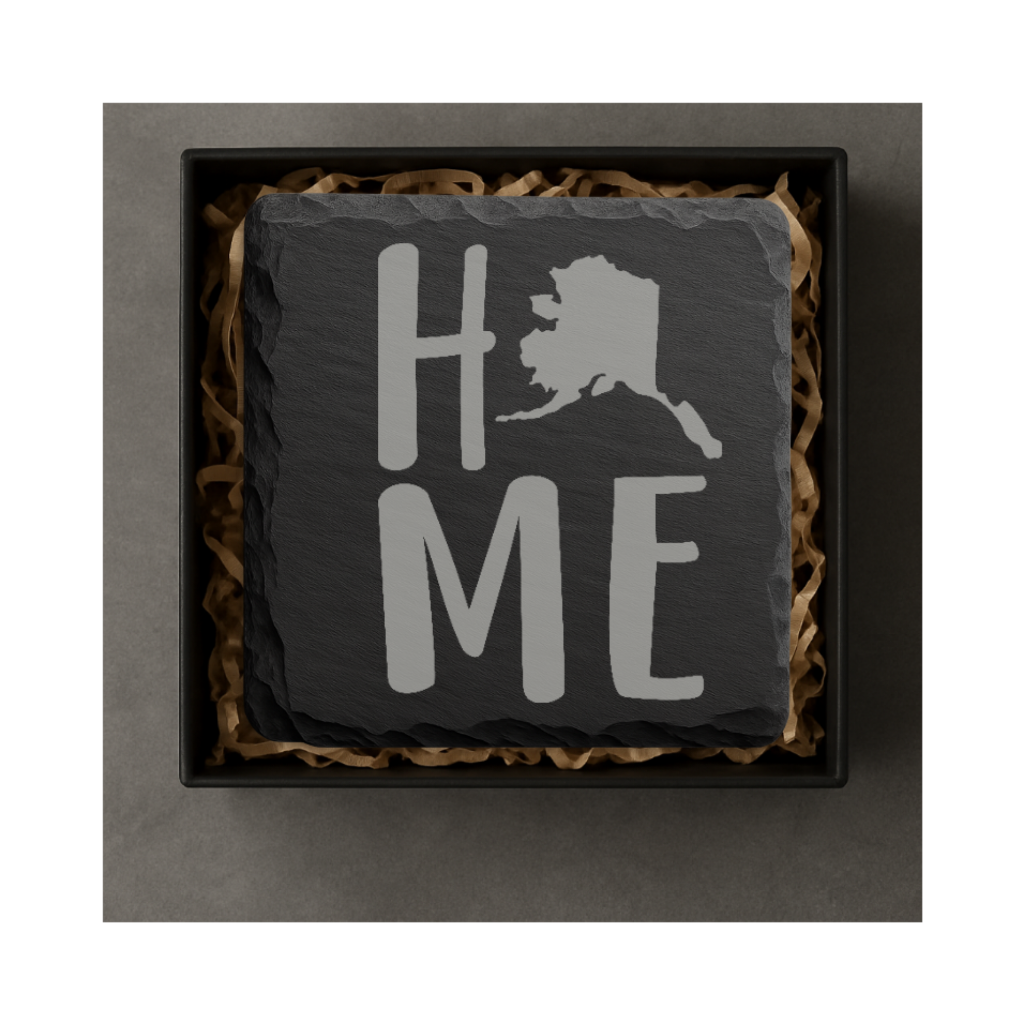 Alaska Slate Coasters 4x4 Laser Engraved Stone Drink Coasters Alaska Home Décor Last Frontier Established 1959 Gift — Dandelion Design Co. — SlateStudioMedia:gallery:8 — 0105-ASGN_alaska_slate_coasters_4x4_laser_engraved_stone_drink_coasters_alaska_home_d_cor_last_frontier_established_1959_gift_05_square_gift_box.png