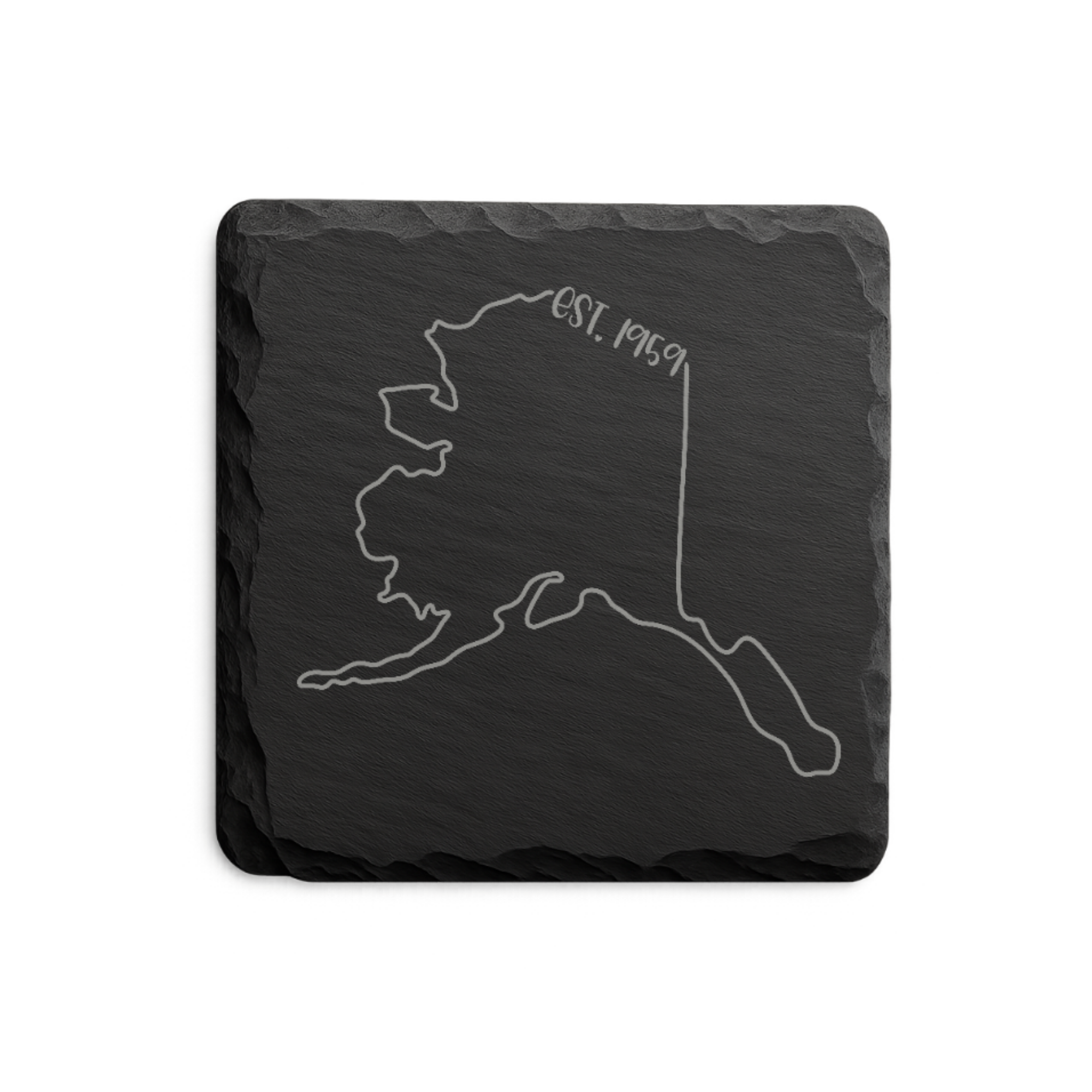 Alaska Slate Coasters 4x4 Laser Engraved Stone Drink Coasters Alaska Home Décor Last Frontier Established 1959 Gift — Dandelion Design Co. — SlateStudioMedia:design%3A3%3Ashape%3Asquare:4 — 0105-ASGN_alaska_slate_coasters_4x4_laser_engraved_stone_drink_coasters_alaska_home_d_cor_last_frontier_established_1959_gift_17_D03_square_main.png