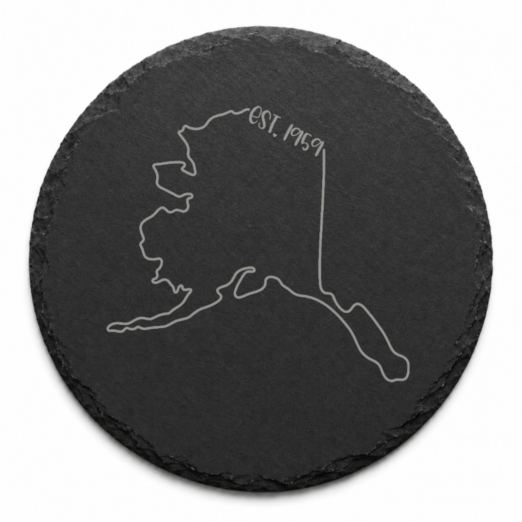Alaska Slate Coasters 4x4 Laser Engraved Stone Drink Coasters Alaska Home Décor Last Frontier Established 1959 Gift — Dandelion Design Co. — SlateStudioMedia:design%3A3%3Ashape%3Around:7 — 0105-ASGN_alaska_slate_coasters_4x4_laser_engraved_stone_drink_coasters_alaska_home_d_cor_last_frontier_established_1959_gift_20_D03_round_main.png