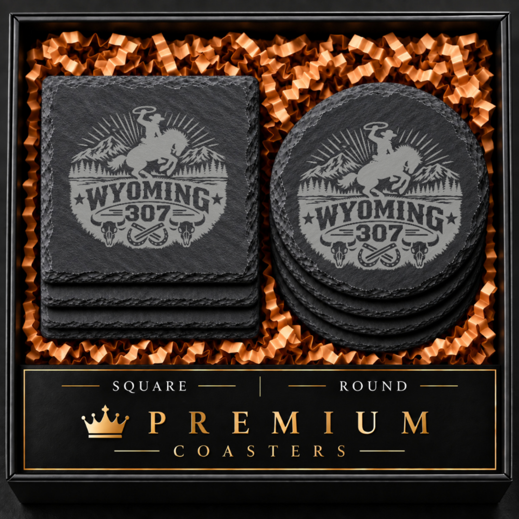 Wyoming 307 Engraved Slate Coaster SetEngraved Slate Coaster Set | Wyoming Cowboys | Drink Coaster | Table Decor — Dandelion Design Co. — SlateStudioMedia:hero:1 — 0105-W3GN_wyoming_307_engraved_slate_coaster_setengraved_slate_coaster_set_wyoming_cowboys_drink_coaster_table_decor_01_square_round_gift_hero.png