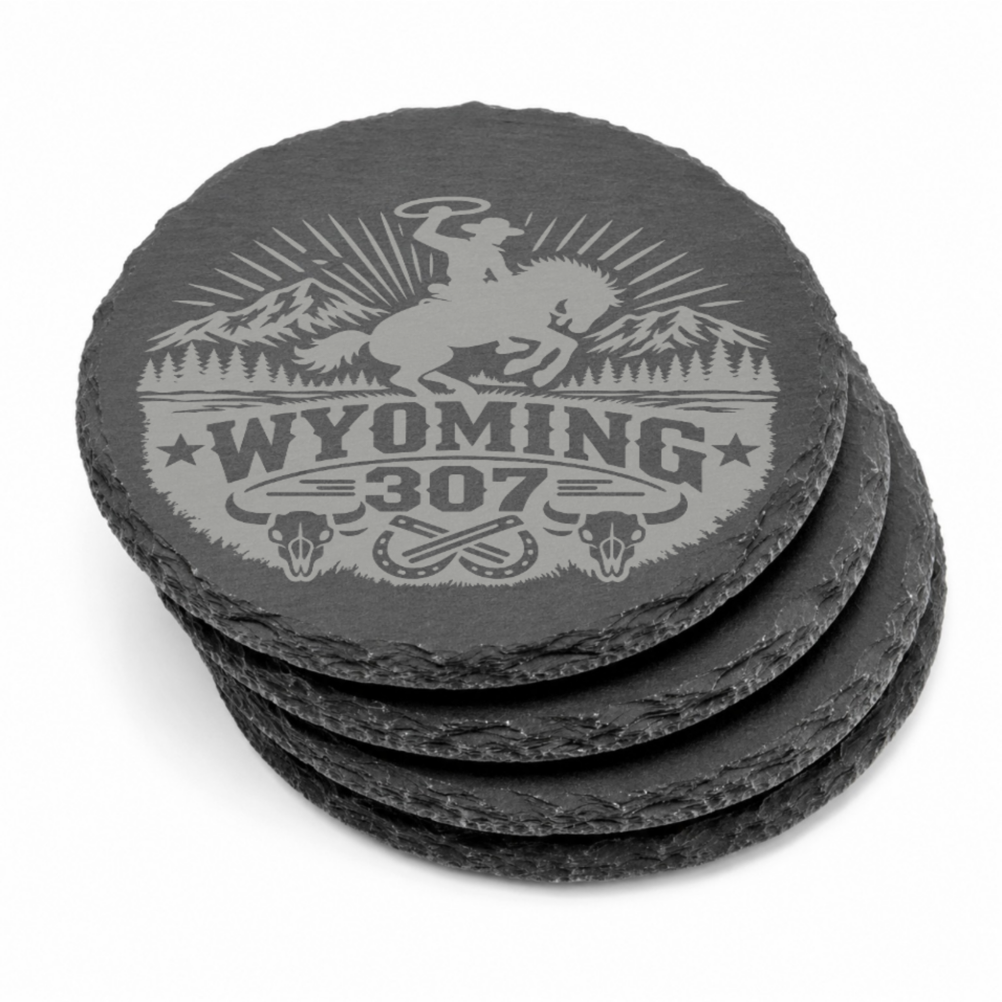 Wyoming 307 Engraved Slate Coaster SetEngraved Slate Coaster Set | Wyoming Cowboys | Drink Coaster | Table Decor — Dandelion Design Co. — SlateStudioMedia:gallery:7 — 0105-W3GN_wyoming_307_engraved_slate_coaster_setengraved_slate_coaster_set_wyoming_cowboys_drink_coaster_table_decor_10_round_stack.png