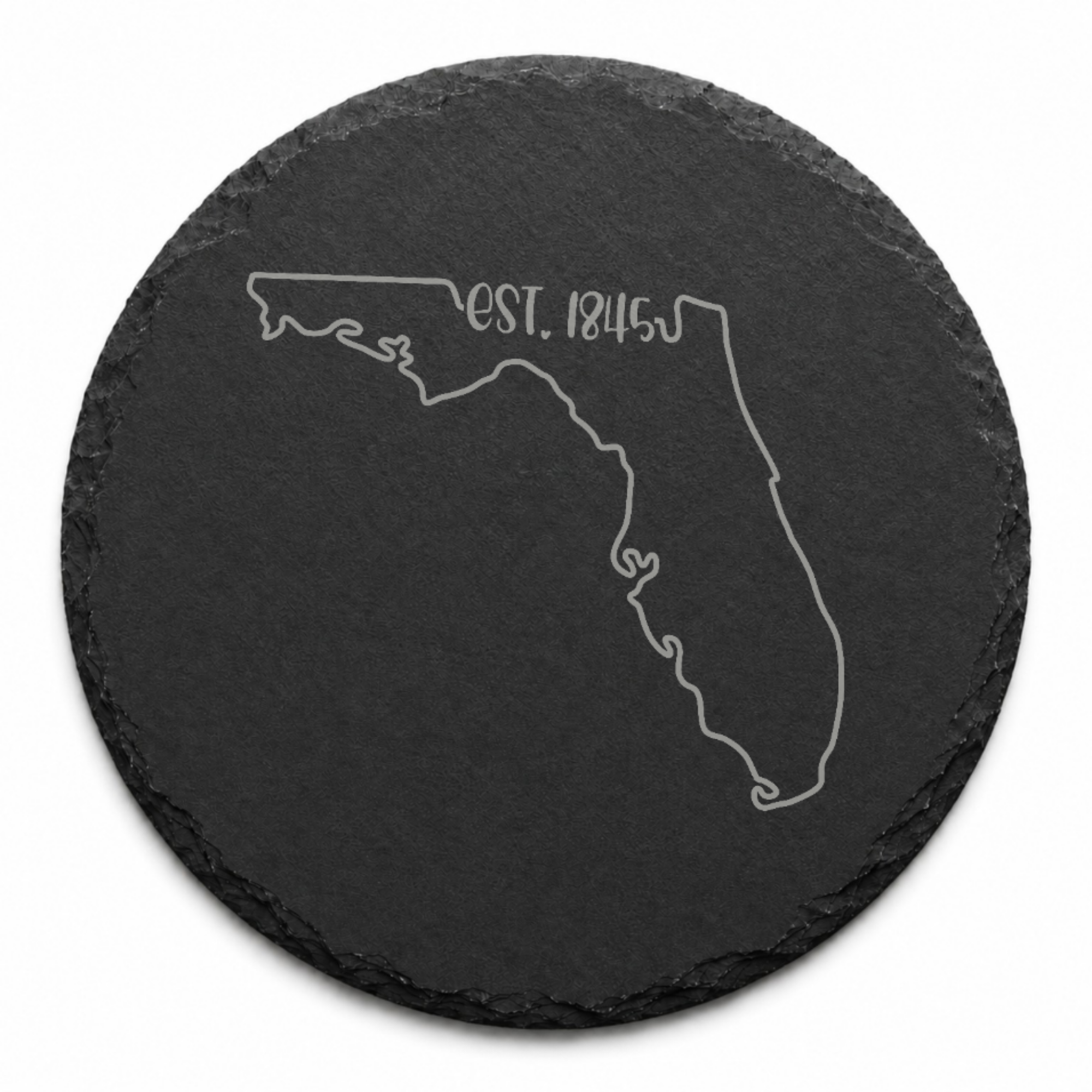 Florida Slate Coasters 4x4 Laser Engraved Stone Drink Coasters Florida Home Décor Sunshine State Established 1845 Gift — Dandelion Design Co. — SlateStudioMedia:design%3A3%3Ashape%3Around:7 — 0106-FSGN_florida_slate_coasters_4x4_laser_engraved_stone_drink_coasters_florida_home_d_cor_sunshine_state_established_1845_gift_20_D03_round_main.png