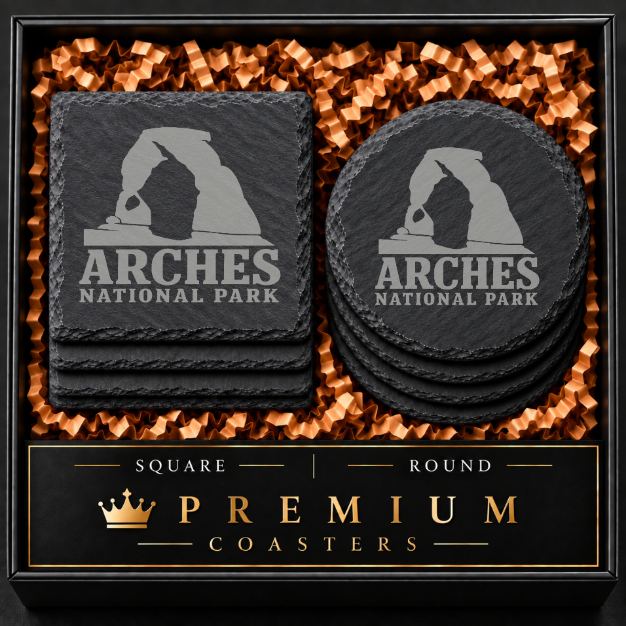 Arches National Park Slate Coaster – Natural Stone Drink Coaster with Trees | Rustic Home Decor | Gift for National Parks — Dandelion Design Co. — SlateStudioMedia:hero:1 — 0109-ANGN_arches_national_park_slate_coaster_natural_stone_drink_coaster_with_trees_rustic_home_decor_gift_for_national_parks_01_square_round_gift_hero.png