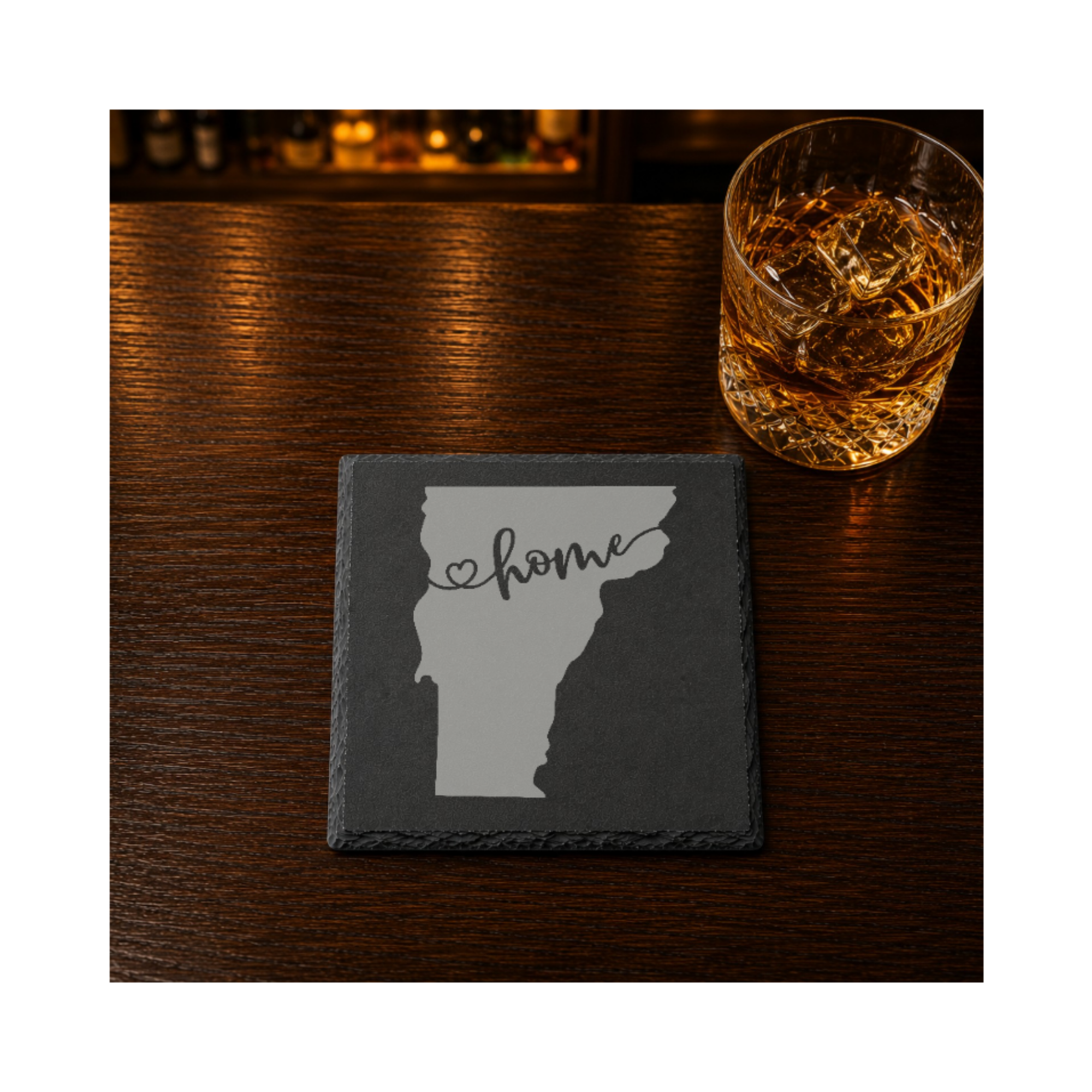Vermont Slate Coasters 4x4 Laser Engraved Stone Drink Coasters Vermont Home Décor Green Mountain State Established 1791 Gift — Dandelion Design Co. — SlateStudioMedia:gallery:18 — 0111-VSGN_vermont_slate_coasters_4x4_laser_engraved_stone_drink_coasters_vermont_home_d_cor_green_mountain_state_established_1791_gift_13_D02_square_whiskey_lifestyle.png