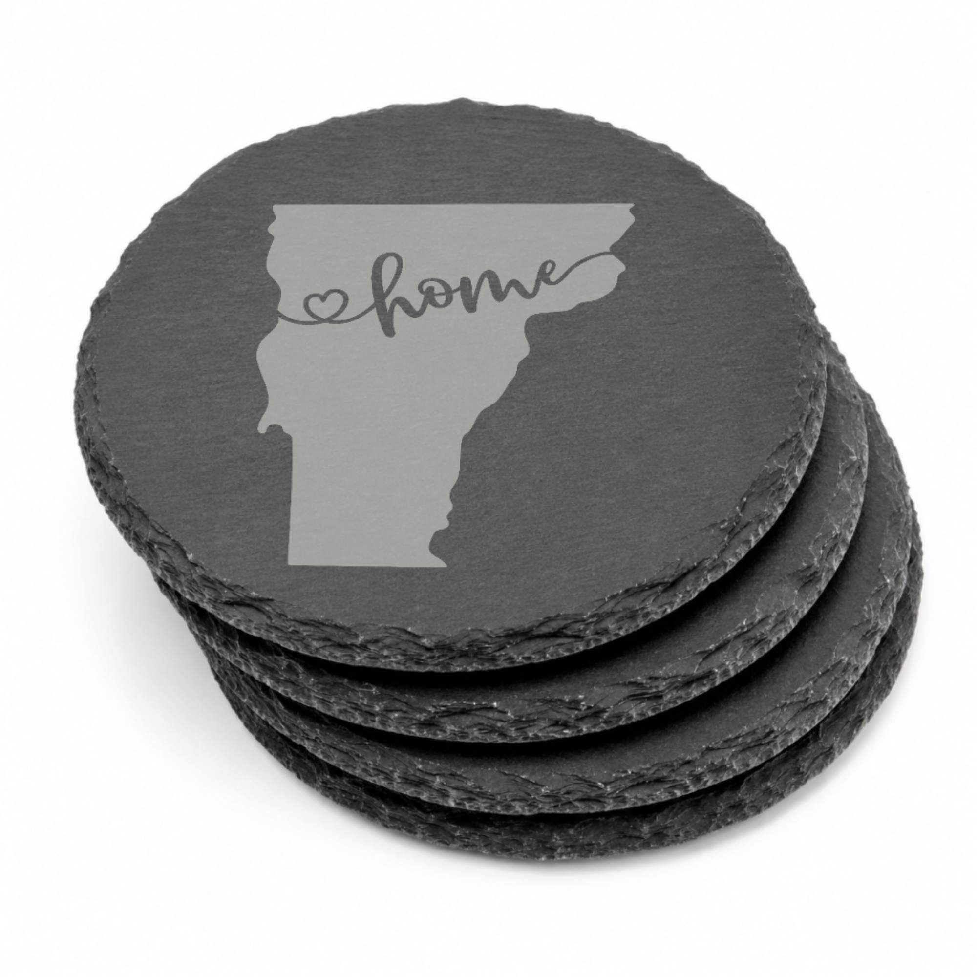 Vermont Slate Coasters 4x4 Laser Engraved Stone Drink Coasters Vermont Home Décor Green Mountain State Established 1791 Gift — Dandelion Design Co. — SlateStudioMedia:gallery:13 — 0111-VSGN_vermont_slate_coasters_4x4_laser_engraved_stone_drink_coasters_vermont_home_d_cor_green_mountain_state_established_1791_gift_15_D02_round_stack.png