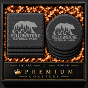 Yellowstone National Park Slate Coaster – Natural Stone Drink Coaster with Bear and Trees | Rustic Home Decor | Gift for National Parks — Dandelion Design Co. — SlateStudioMedia:hero:1 — 0111-YNGN_yellowstone_national_park_slate_coaster_natural_stone_drink_coaster_with_bear_and_trees_rustic_home_decor_gift_for_national_parks_01_square_round_gift_hero.png