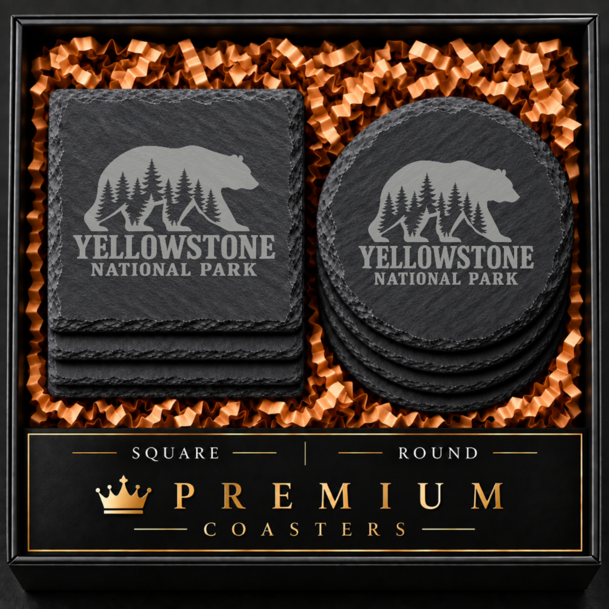 Yellowstone National Park Slate Coaster – Natural Stone Drink Coaster with Bear and Trees | Rustic Home Decor | Gift for National Parks — Dandelion Design Co. — SlateStudioMedia:hero:1 — 0111-YNGN_yellowstone_national_park_slate_coaster_natural_stone_drink_coaster_with_bear_and_trees_rustic_home_decor_gift_for_national_parks_01_square_round_gift_hero.png