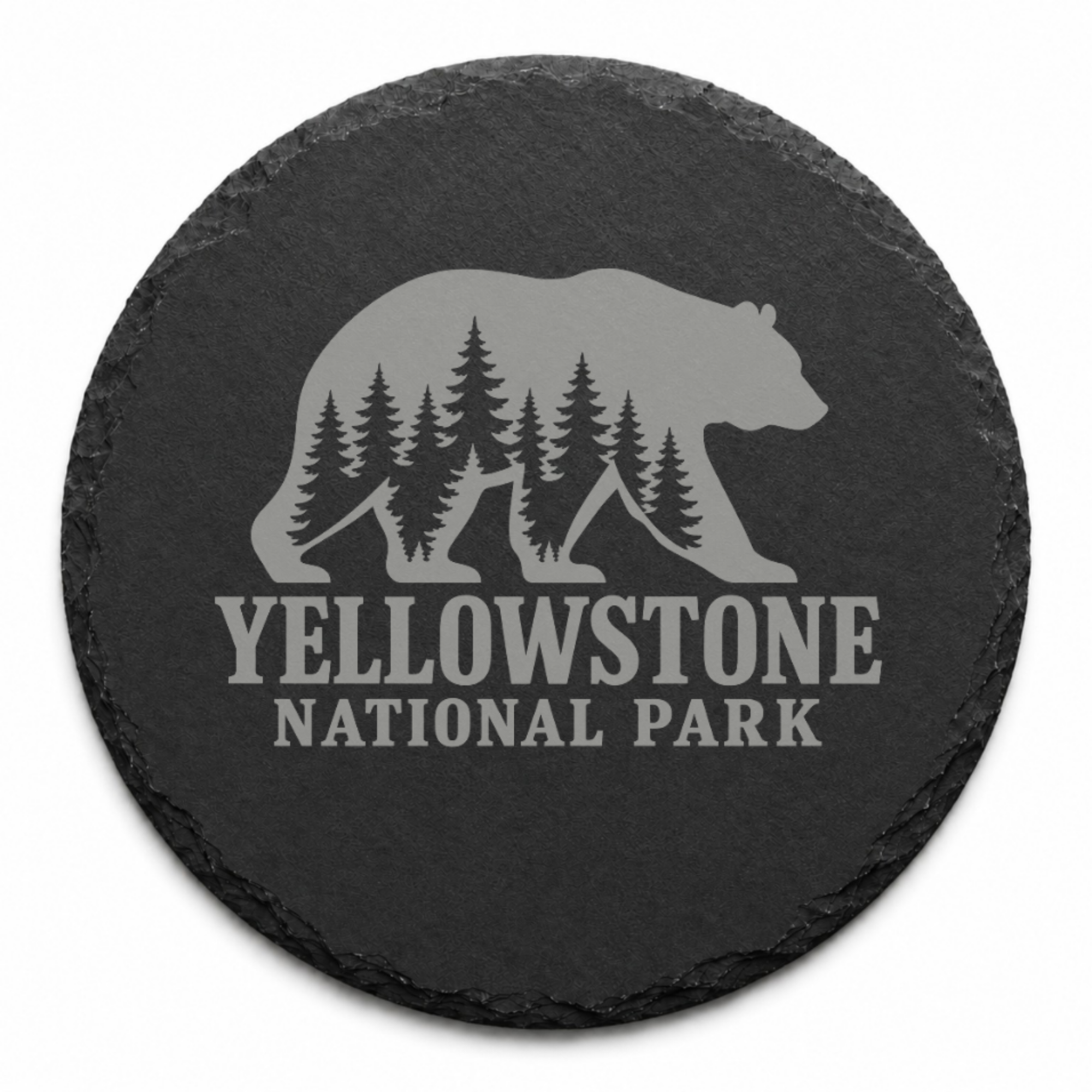 Yellowstone National Park Slate Coaster – Natural Stone Drink Coaster with Bear and Trees | Rustic Home Decor | Gift for National Parks — Dandelion Design Co. — SlateStudioMedia:shape%3Around:3 — 0111-YNGN_yellowstone_national_park_slate_coaster_natural_stone_drink_coaster_with_bear_and_trees_rustic_home_decor_gift_for_national_parks_04_round_main.png
