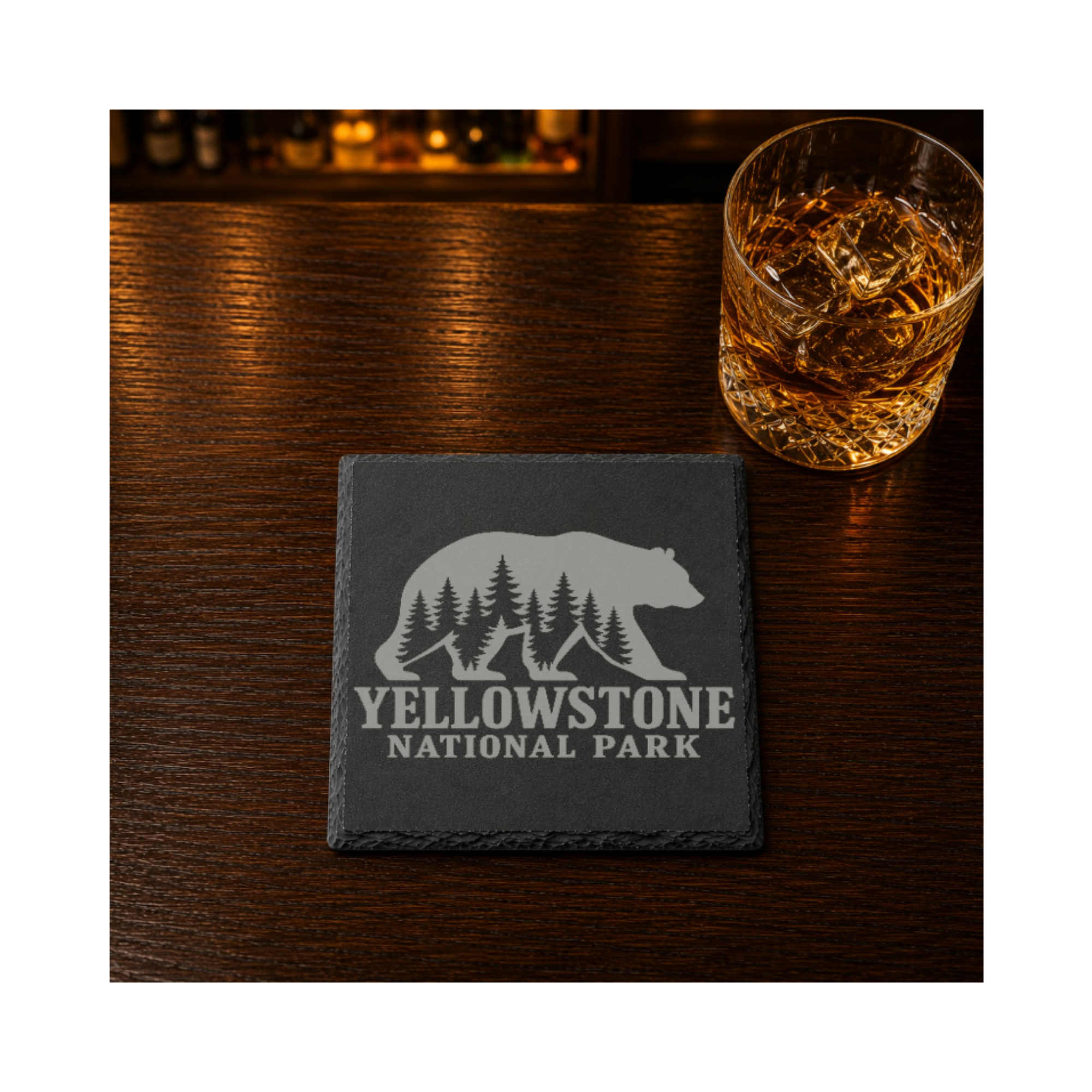 Yellowstone National Park Slate Coaster – Natural Stone Drink Coaster with Bear and Trees | Rustic Home Decor | Gift for National Parks — Dandelion Design Co. — SlateStudioMedia:gallery:8 — 0111-YNGN_yellowstone_national_park_slate_coaster_natural_stone_drink_coaster_with_bear_and_trees_rustic_home_decor_gift_for_national_parks_07_square_whiskey_lifestyle.png