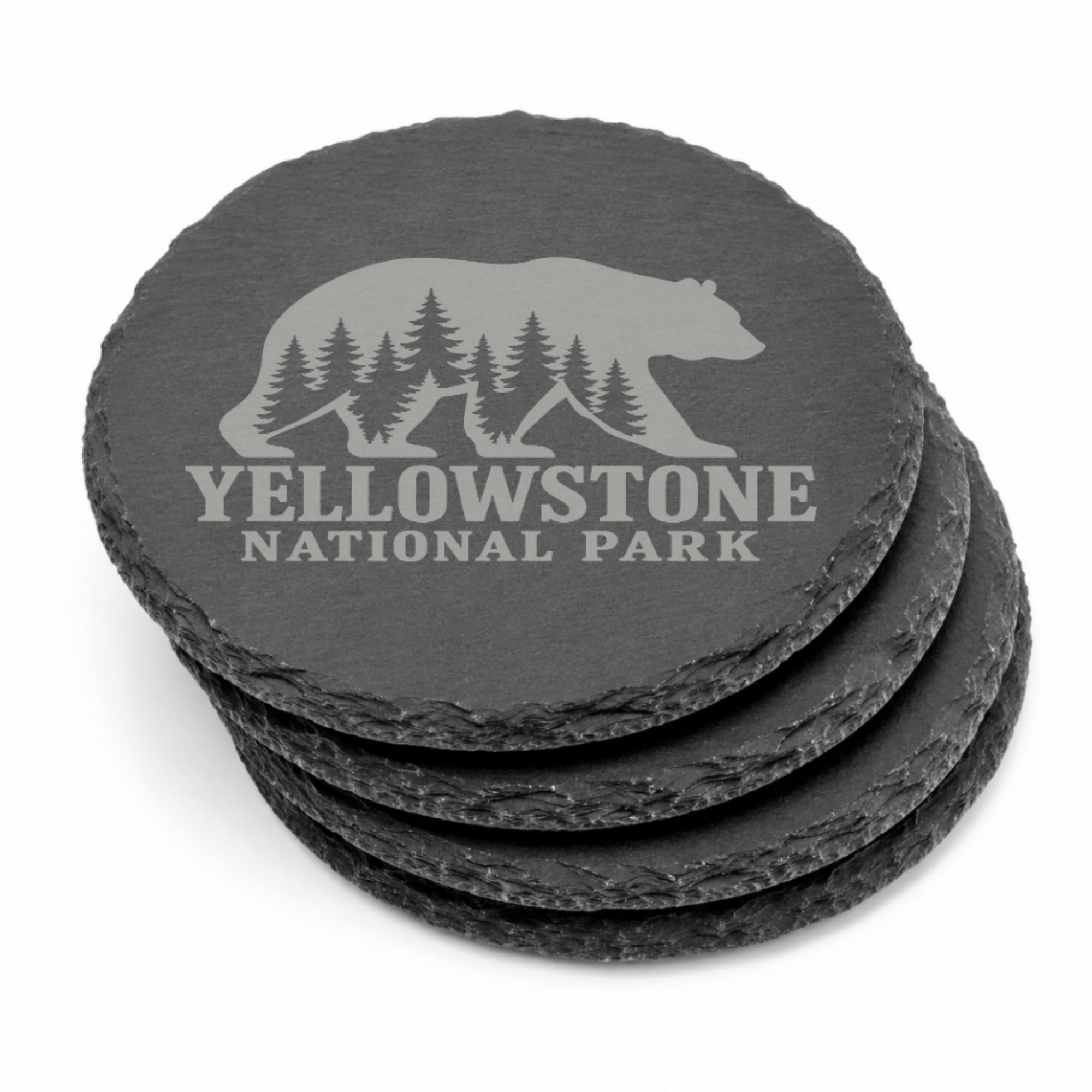 Yellowstone National Park Slate Coaster – Natural Stone Drink Coaster with Bear and Trees | Rustic Home Decor | Gift for National Parks — Dandelion Design Co. — SlateStudioMedia:gallery:7 — 0111-YNGN_yellowstone_national_park_slate_coaster_natural_stone_drink_coaster_with_bear_and_trees_rustic_home_decor_gift_for_national_parks_10_round_stack.png