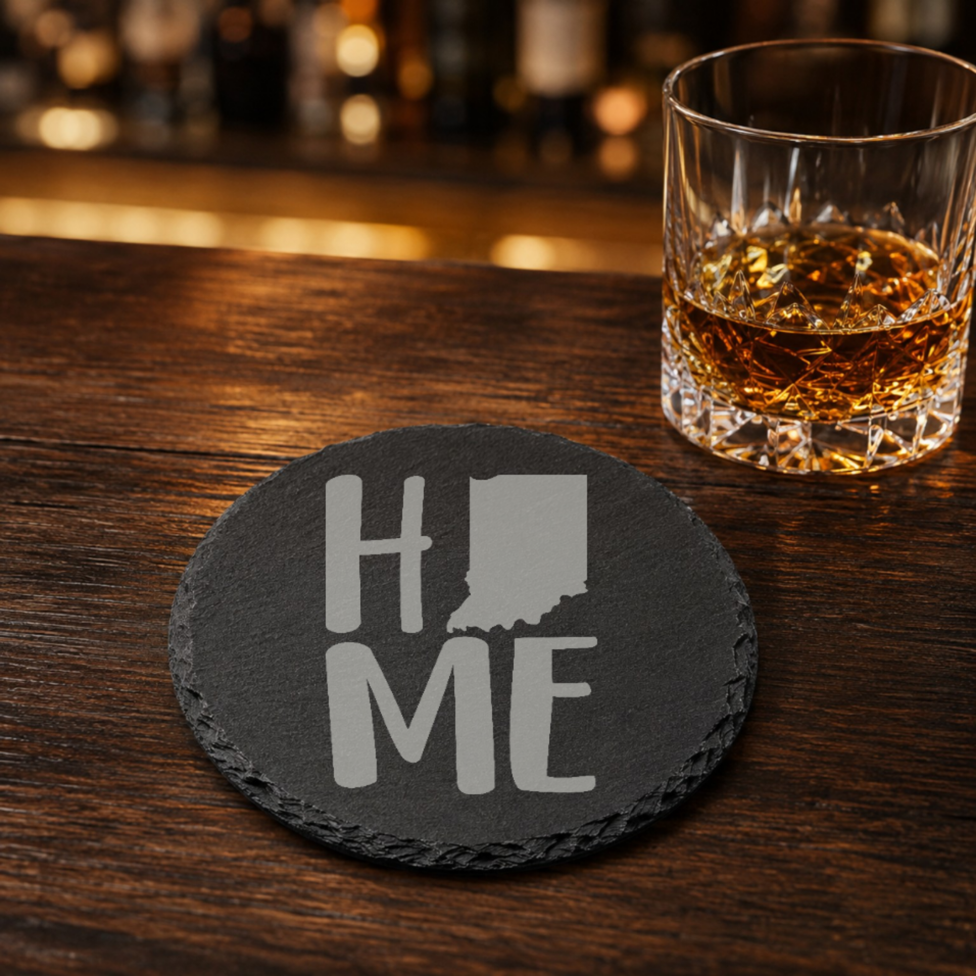 Indiana Slate Coasters 4x4 Laser Engraved Stone Drink Coasters Indiana Home Decor Hoosier State Established 1816 Gift — Dandelion Design Co. — SlateStudioMedia:gallery:17 — 0113-ISGN_indiana_slate_coasters_4x4_laser_engraved_stone_drink_coasters_indiana_home_decor_hoosier_state_established_1816_gift_08_round_whiskey_lifestyle.png
